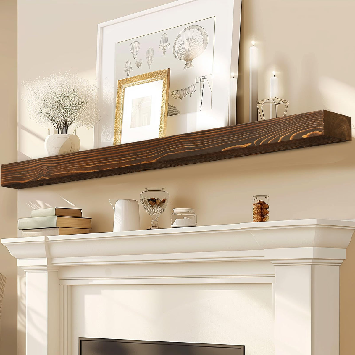 60x8x3in Rustic Fireplace Mantel Pine Wood, Weathered Brown