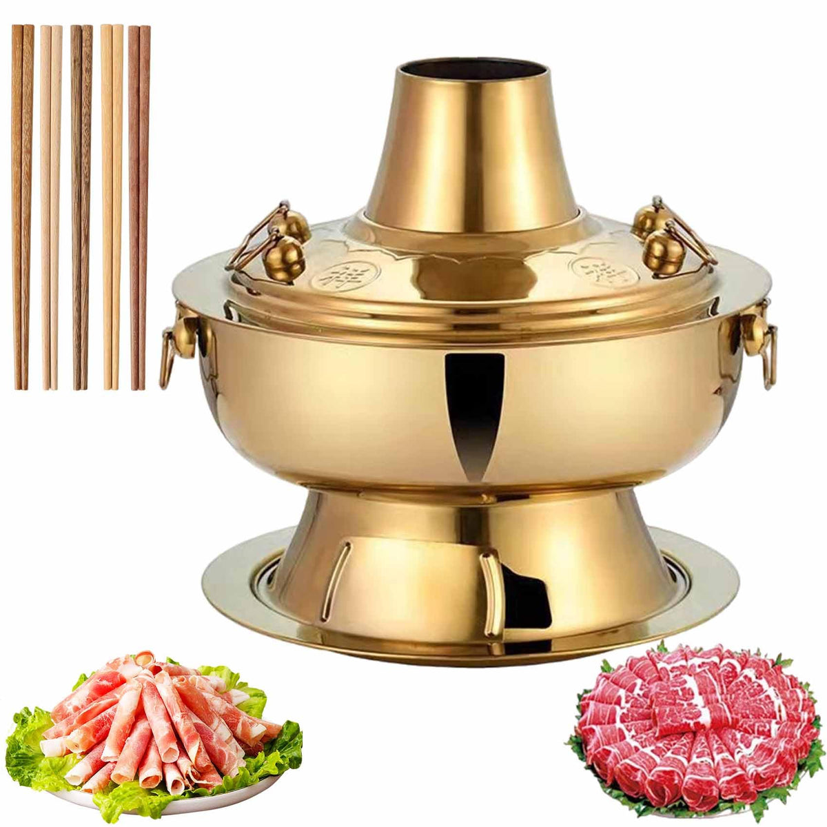Chinese Charcoal Hot Pot, Food-grade Stainless Steel Hot Pot，Gold-13.4in
