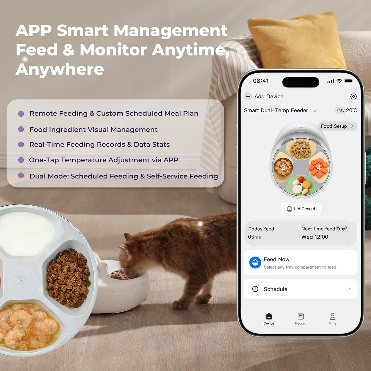 Smart Automatic Cat Feeder with Cooling & Heating, APP Control Dual-Temp Feeder for Wet/Dry/Raw Food, 24H Freshness, 4-Grid Tray, Anti-Pinch for Cats & Small Dogs (4.5-22Lb)