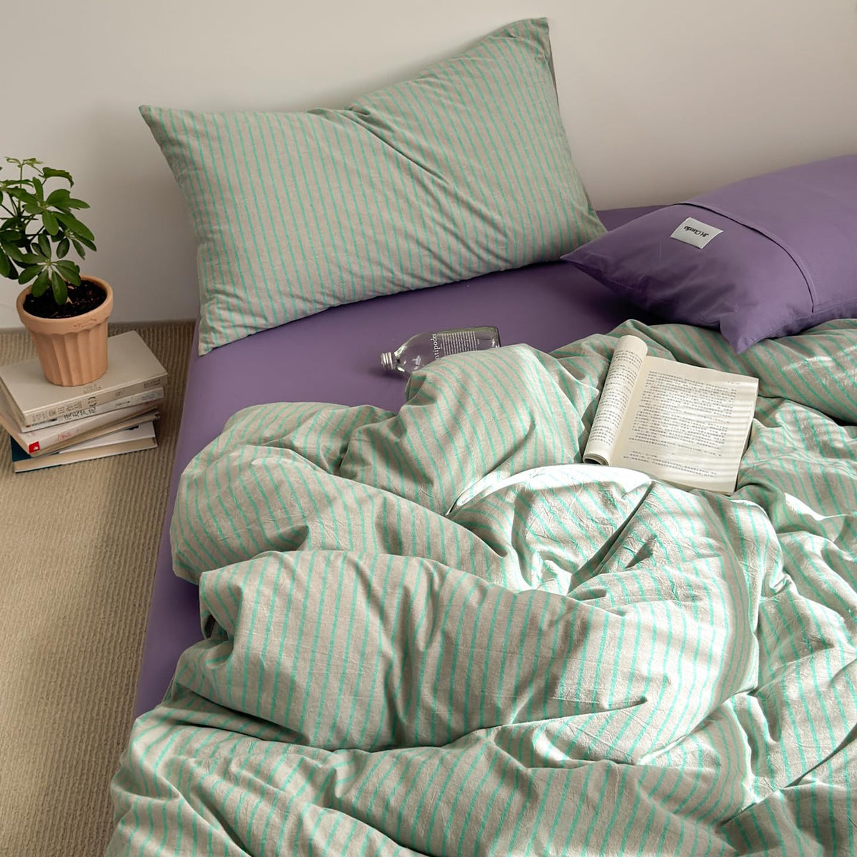 Plaid Duvet Cover Set Washed Cotton,Queen(90"x90"),Multicolor Gingham