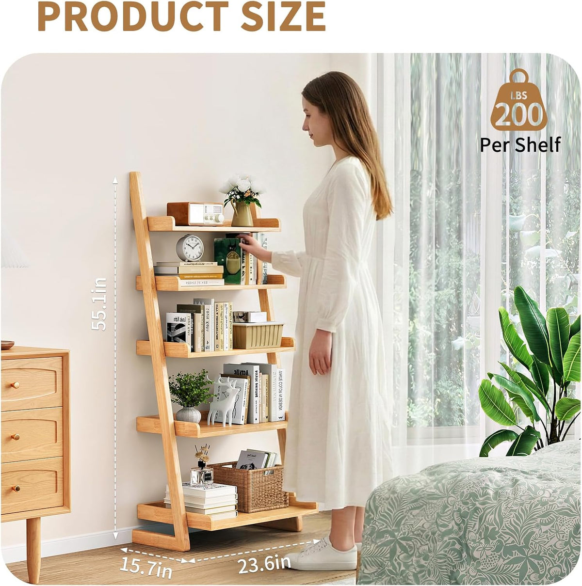 Uniclinens Natural Wooden Ladder Shelf, 5-Tier Ladder Bookshelf, Ladder Shelf Bookcase for Compact Spaces, Wooden Bookshel for Living Room, Bedroom, Home Office,(23.6''Dx15.7''Wx55.1''H)