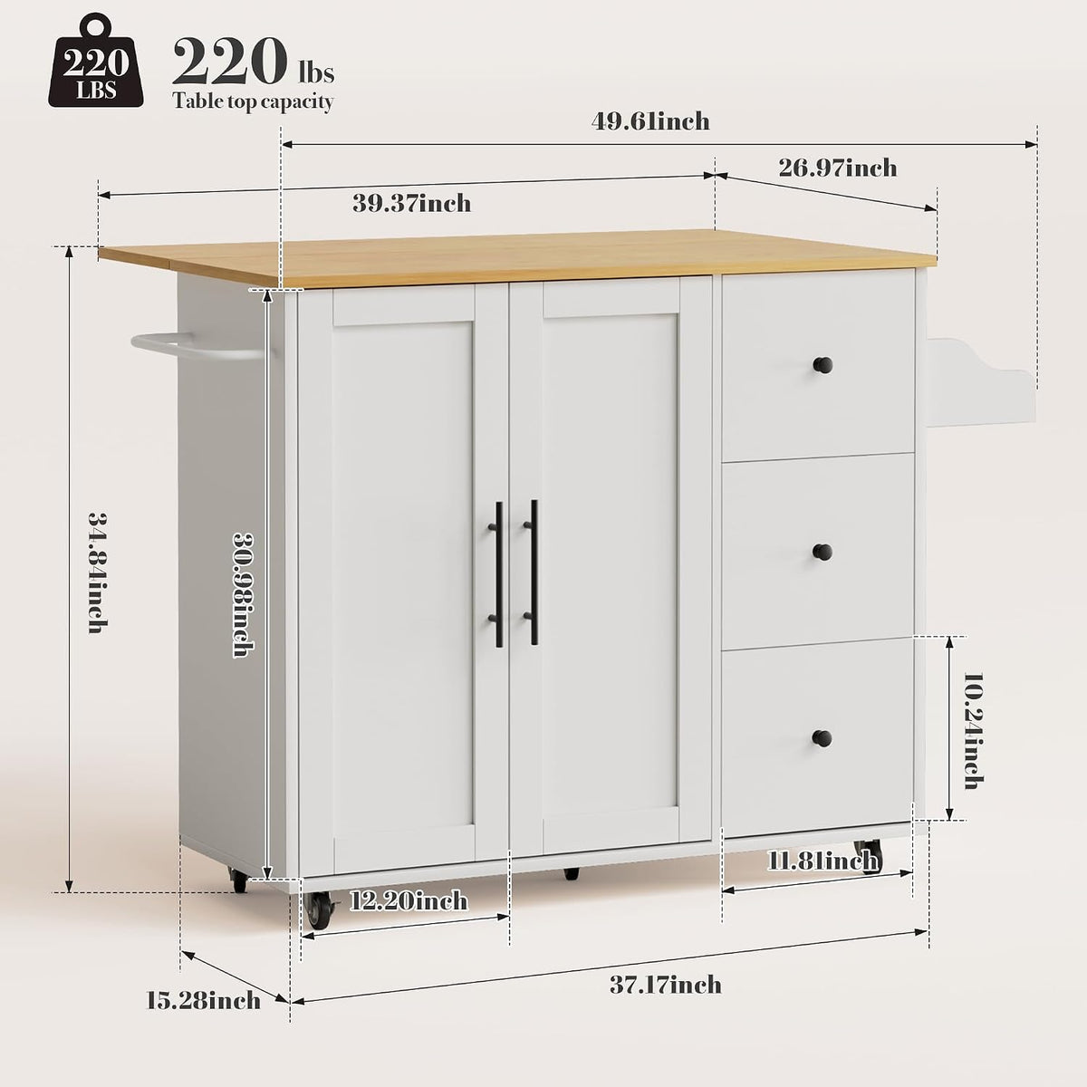 GRUSIGN 49.6" Kitchen Island on Wheels with Storage-Multifunctional Kitchen Island Cart with Drop Leaf, Rolling Island with Spice/Towel Rack,Expandable Island Table Kitchen,White