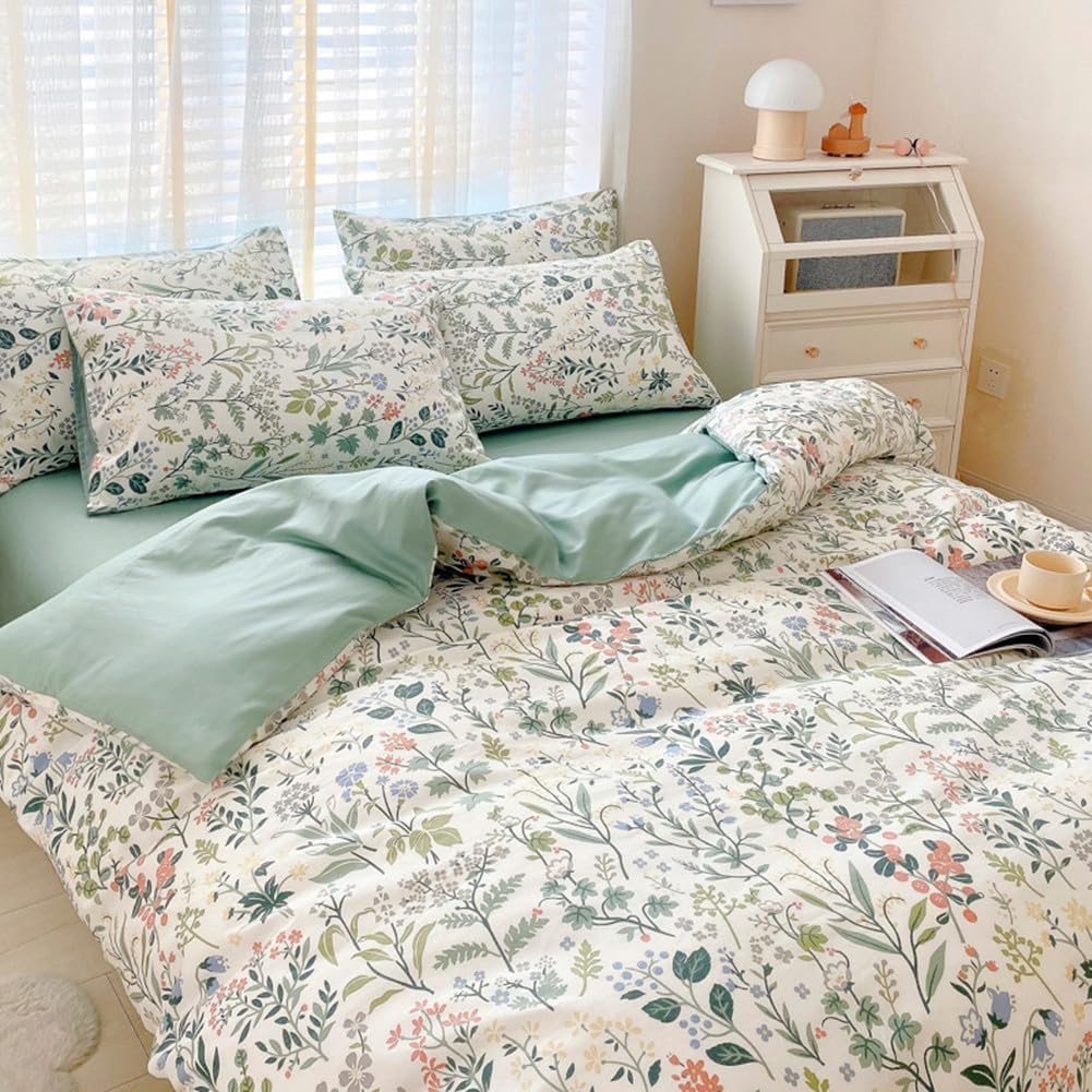 LifeTB Green Floral 100% Jersey Knit Cotton Duvet Cover Queen Vintage Style Botanical Floral Bedding Set Chic Shabby Green Floral Comforter Cover Girl Women Flower Bedding Cover with 2 Pillowcases