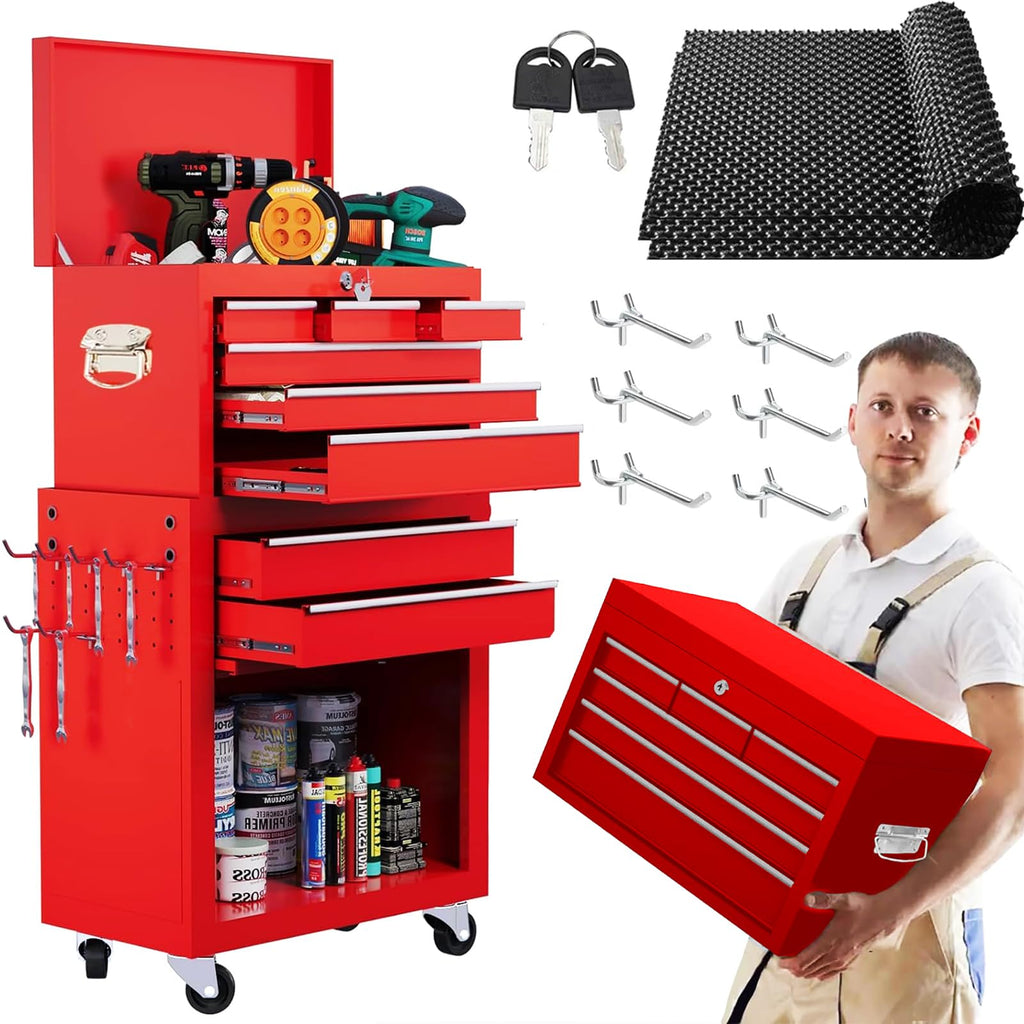 5-Drawer Rolling Tool Box with Lockable Wheels, Tool Chest with Detachable Tool Box, 4 Hooks, and Liner, Heavy-Duty Metal Tool Cart for Garage and Workshop Storage, Black