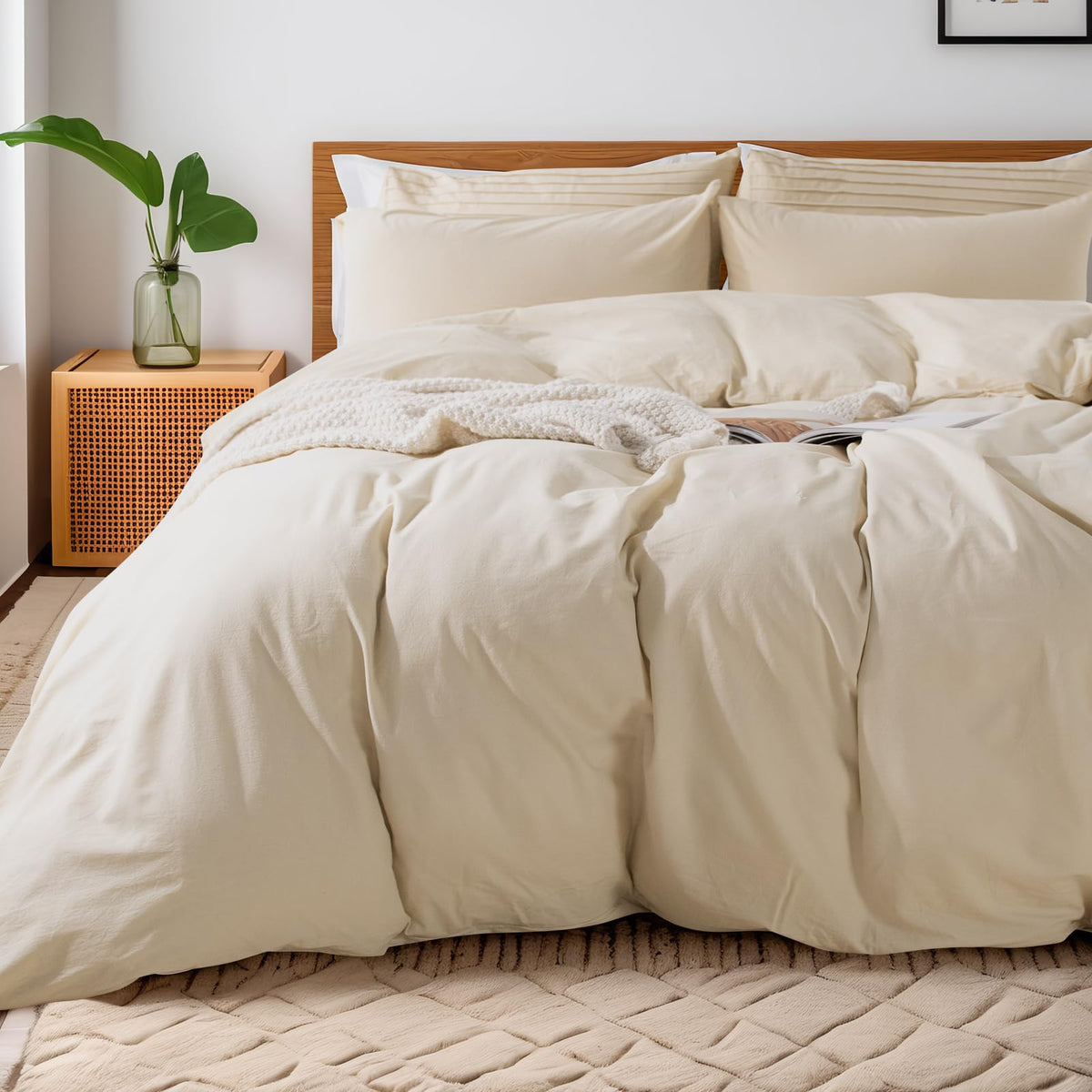 NEXHOME PRO Duvet Cover Set Queen Size Linen Look Textured 100% Washed Cotton Duvet Cover Burgundy Dark Red 3 Pieces Bedding Set with Zipper Closure,Breathable, Soft Organic Natural(No Comforter)