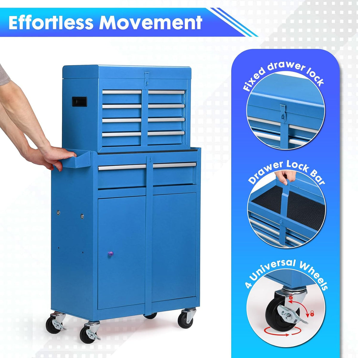 5-Drawer Rolling Tool Chest with Detachable Tool Box, Lockable Wheels, 4 Hooks, and Liner, Heavy-Duty Metal Tool Cart for Garage and Workshop Storage, Blue