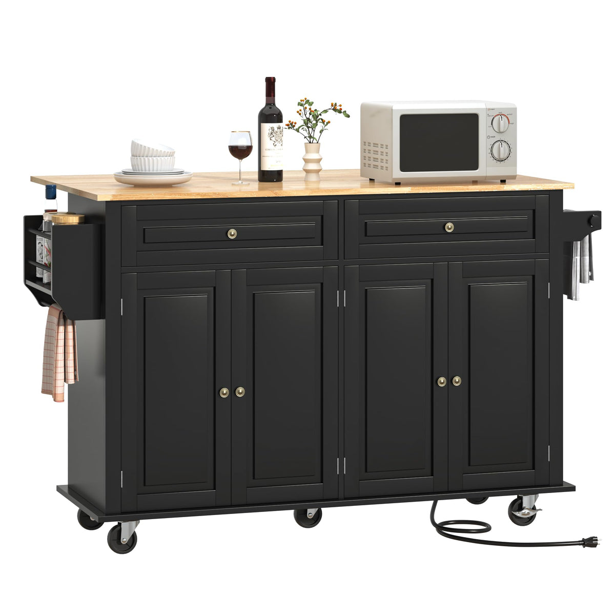 Hlivelood 55" Movable Kitchen Island with Drop Leaf and Power Outlet, Rolling Cart with Storage Cabinet, Island Table on Wheels for Kitchen with 2 Drawers, Spice Rack, Towel Bar, Garage Hook, Black