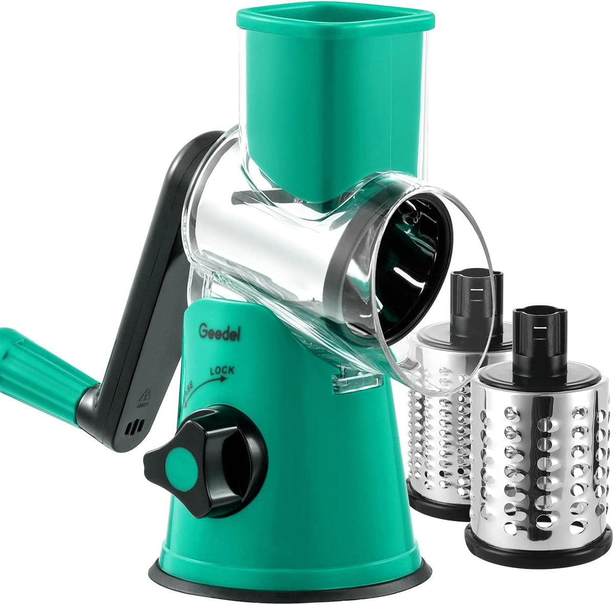 Geedel Rotary Cheese Grater, Kitchen Mandoline Vegetable Slicer with 3 Interchangeable Blades, Easy to Clean Rotary Grater Slicer for Fruit, Vegetables