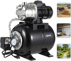 1HP Stainless Steel Water Transfer Pump with Well Pressure Tank – Shallow Well Pump & Irrigation Pump Combo, 130ft Max Lift, 20ft Suction Lift, Automatic Pressure Switch for Farm Use