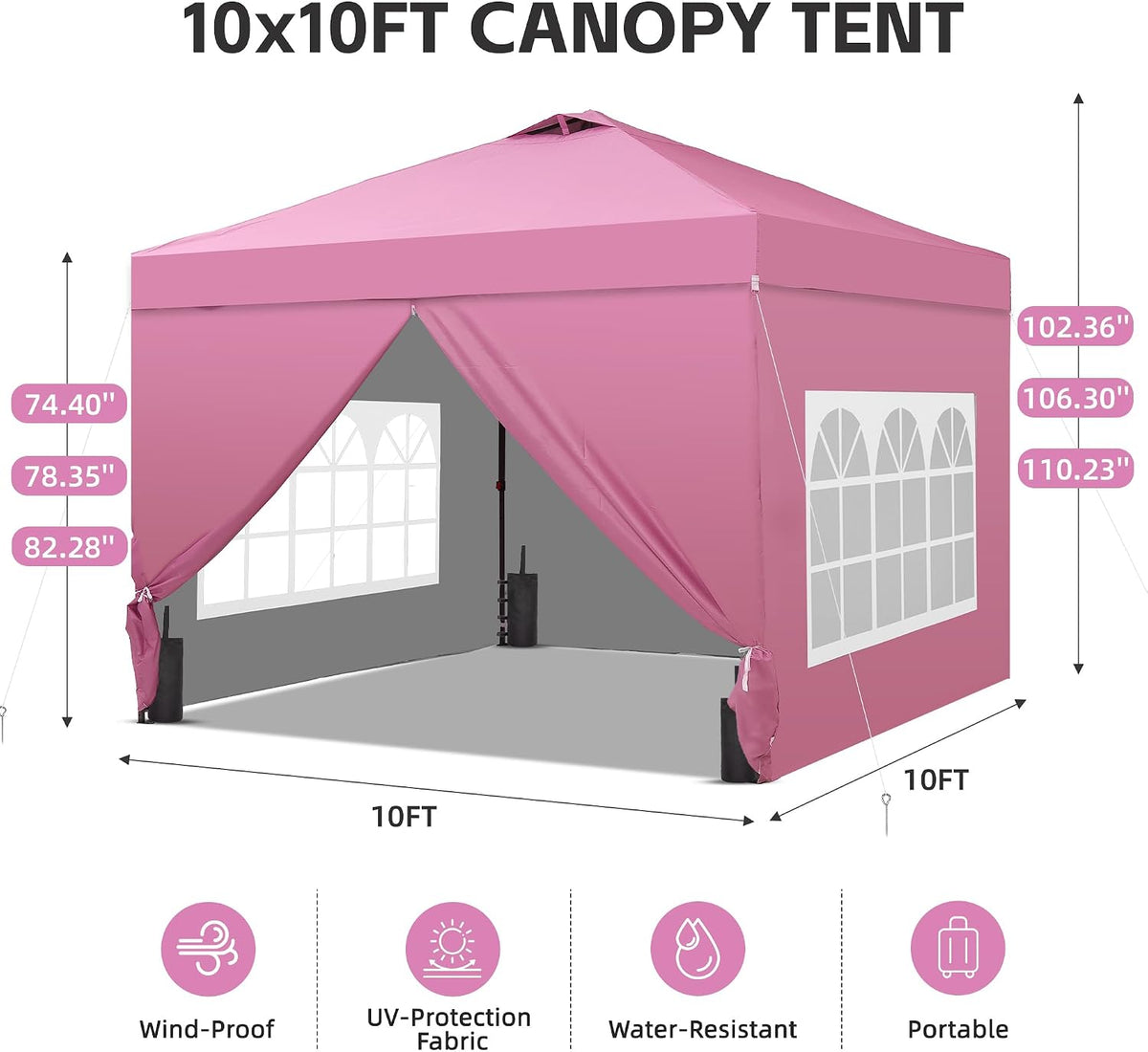 GDY 10x10FT Pop-Up Canopy Tent — with 4-Side Walls & Vented Top, Portable Outdoor Event Tent for Garden, Poolside, Parks, Parties,Camping, Pink.