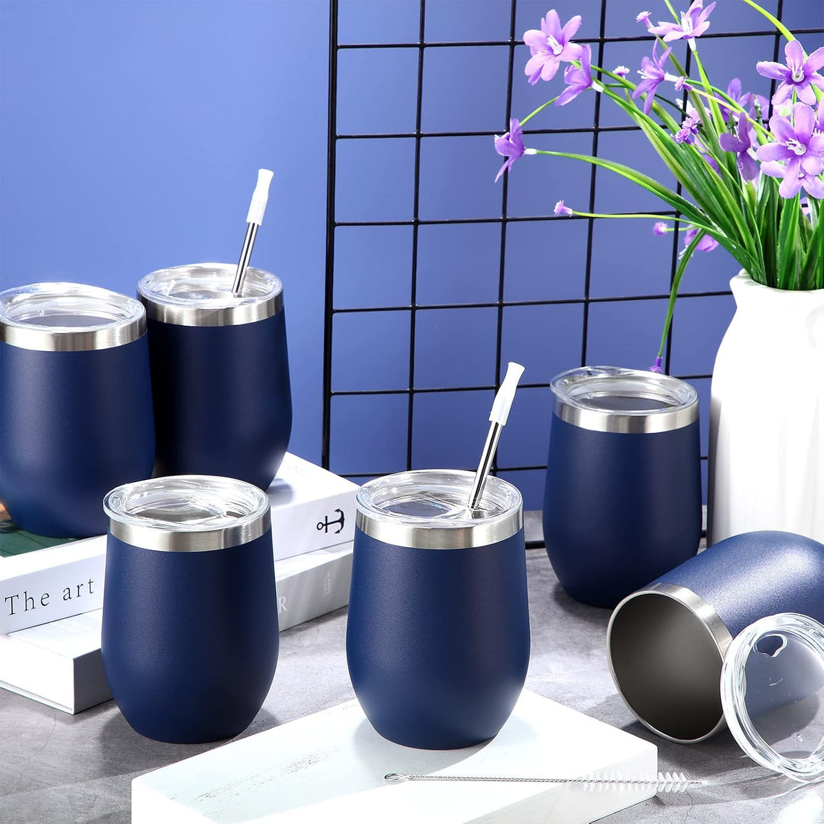 Inbagi 30 Pack 12 oz Stainless Steel Tumblers Bulk with Lids and Straws, Double Wall Insulated Wine Tumblers for Wedding Party Favors, Bridal Shower, Birthday Event Gifts (Navy Blue)