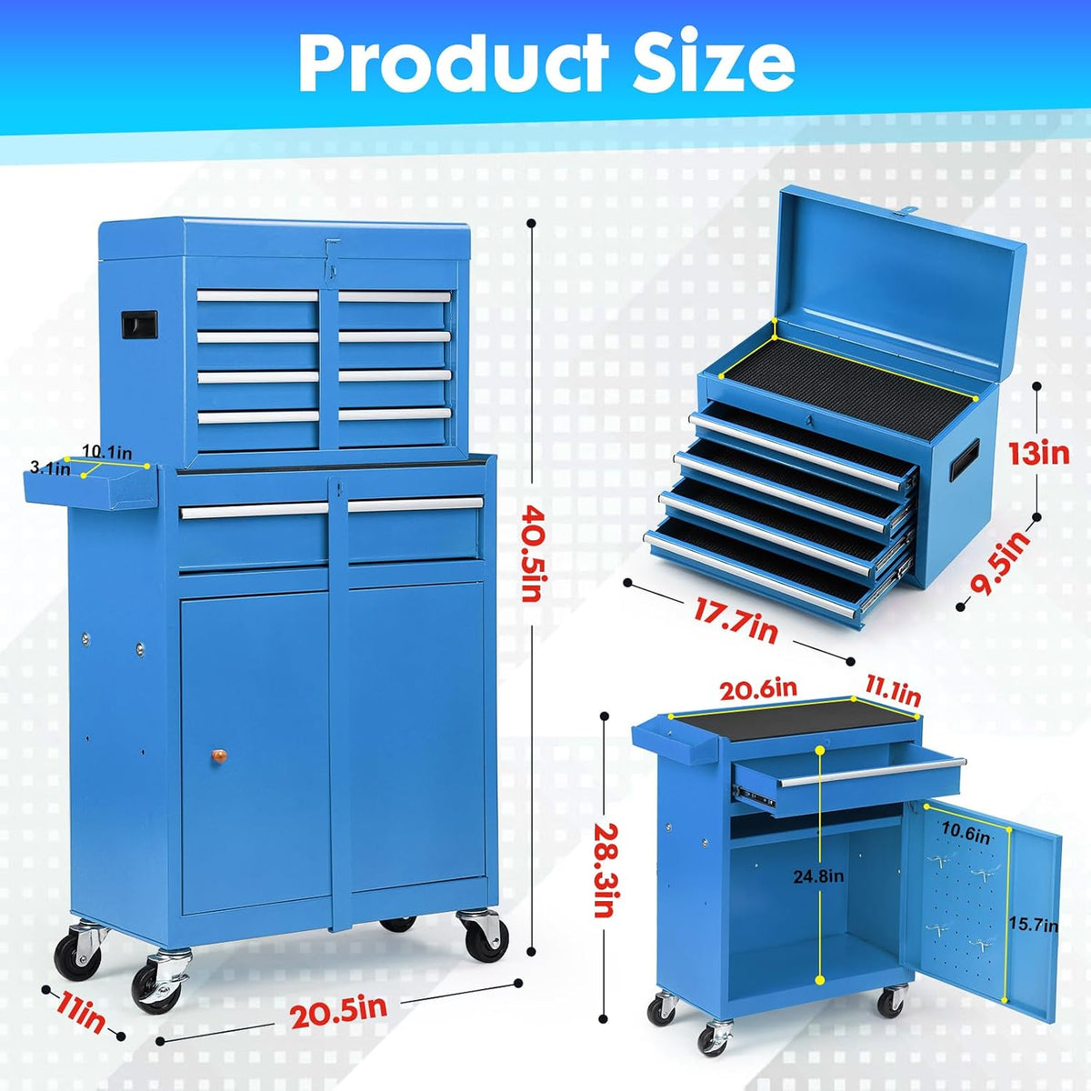 5-Drawer Rolling Tool Chest with Detachable Tool Box, Lockable Wheels, 4 Hooks, and Liner, Heavy-Duty Metal Tool Cart for Garage and Workshop Storage, Blue