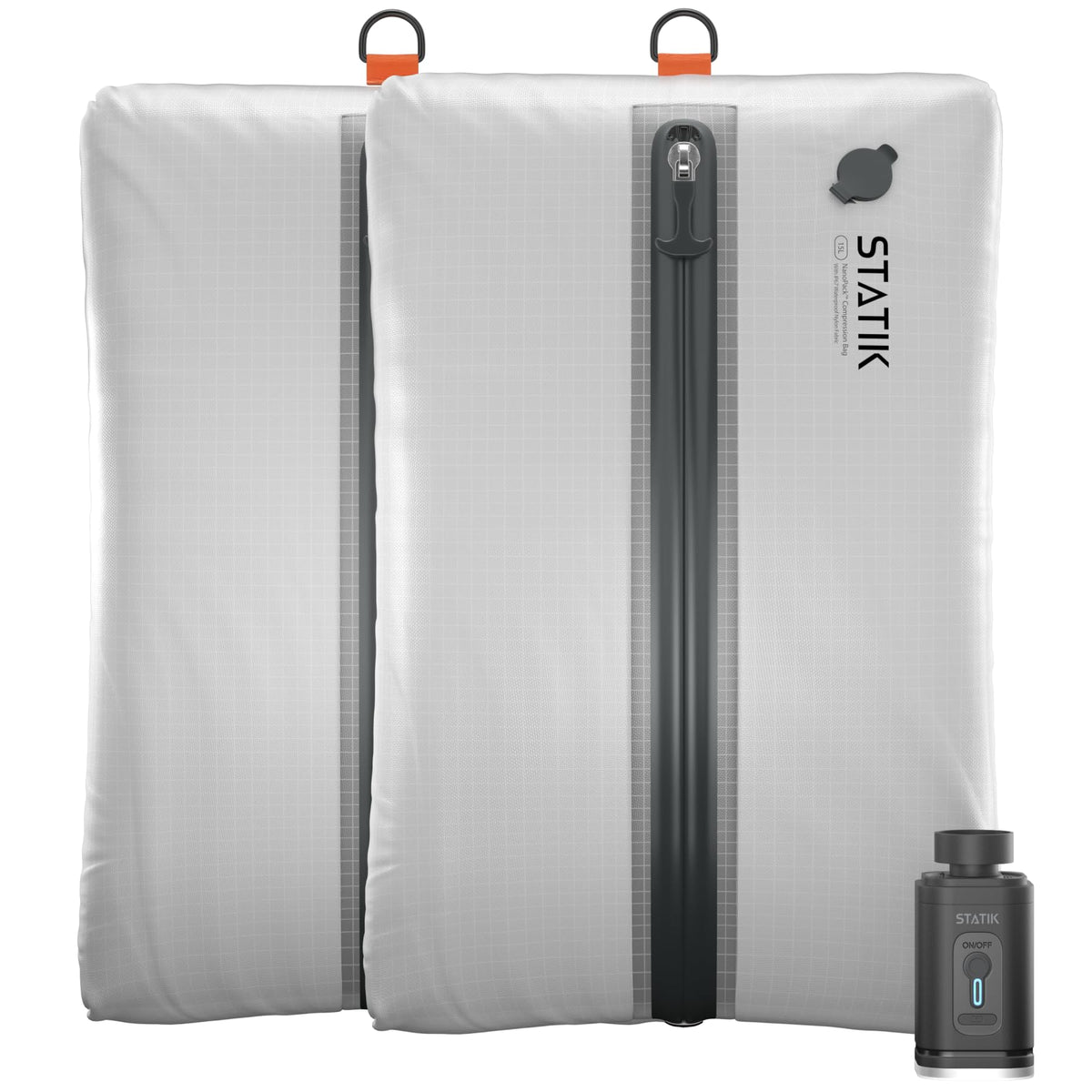 STATIK NanoPack Travel Kit - Vacuum Compression Packing Bags, Rechargeable Pump, 3x Space-Saving Luggage Bags, Water & Odor Proof, Dual-Mode Air Pump for Air Mattresses & Pool Floats - 2 Bags + Pump