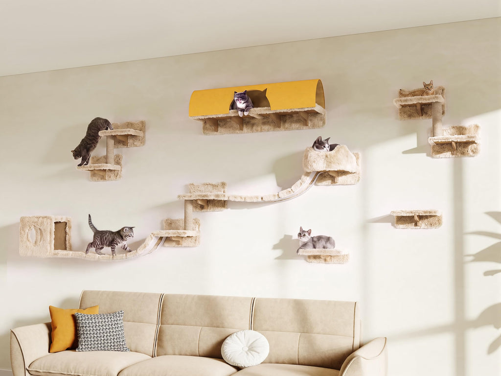 13-in-1 Cat Wall Shelves, Moon & Bridge Cat Wall Furniture, Beige