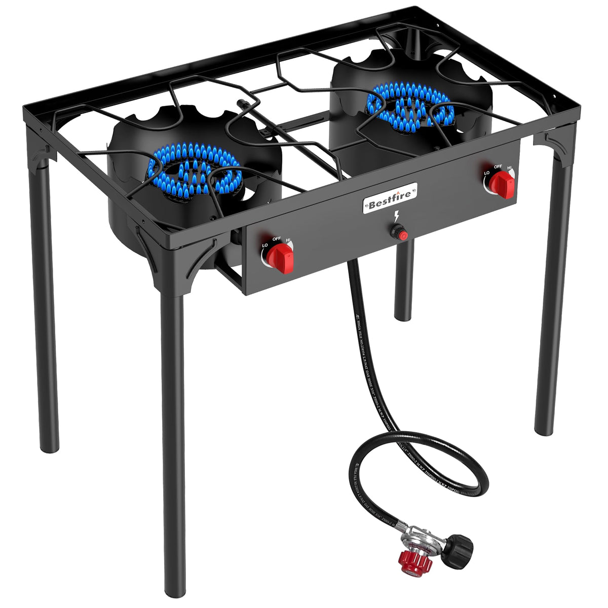 BESTFIRE 2 Burner Camping Stove,150,000 BTU High Pressure Outdoor Propane,4ft 20 PSI Adjustable Regulator Hose With Removable Legs for Backyard Cooking Camping Home