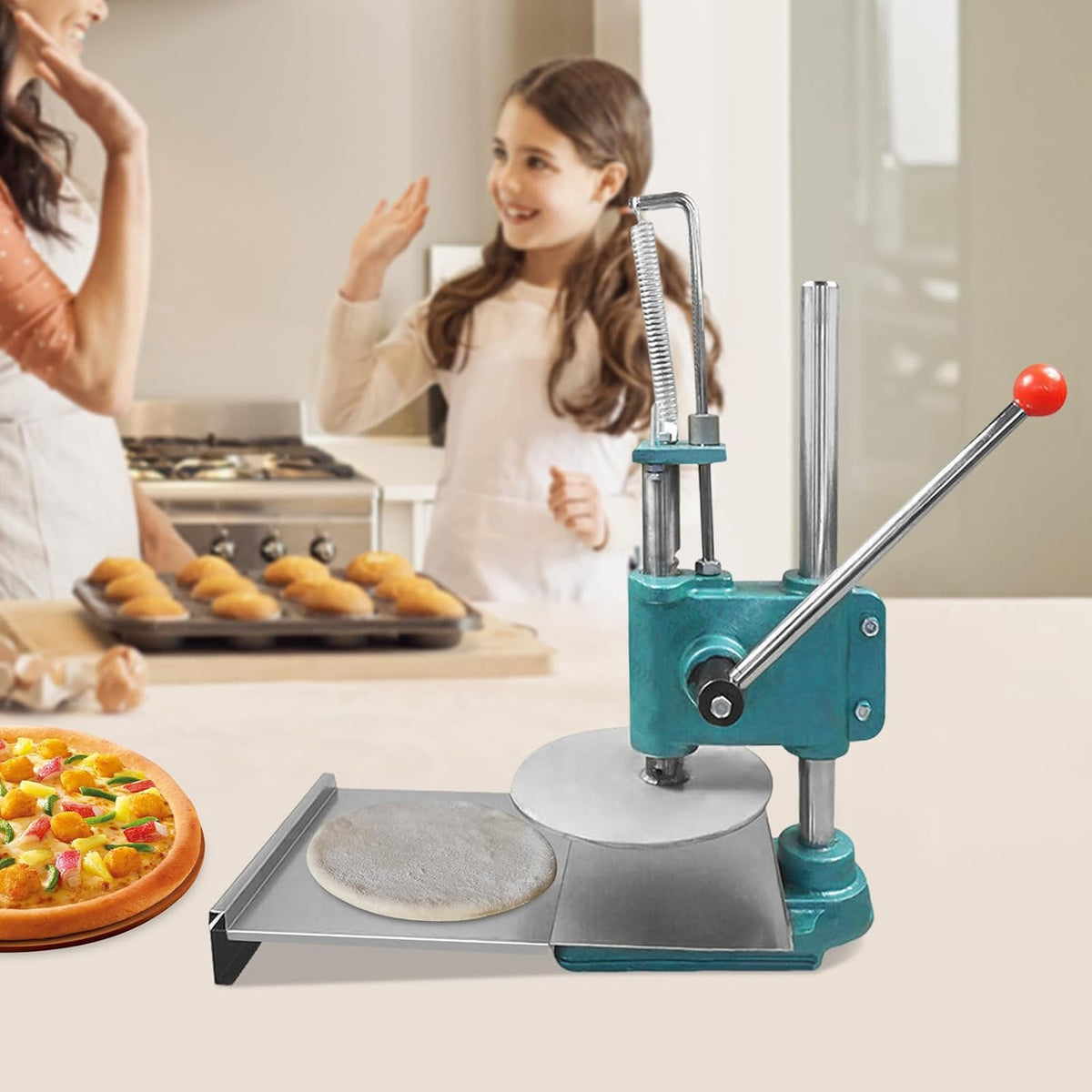 Manual Pizza Dough Press Machine Household Pizza Pastry Stainless Steel Pizza Presser Pasta Makers Commercial Chapati Sheet Pizza Crust Press Plate Pizza Forming Machine (9.5 in)
