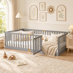 Twin Montessori Floor Bed with High Rails, Door & Slats for Kids, Natural