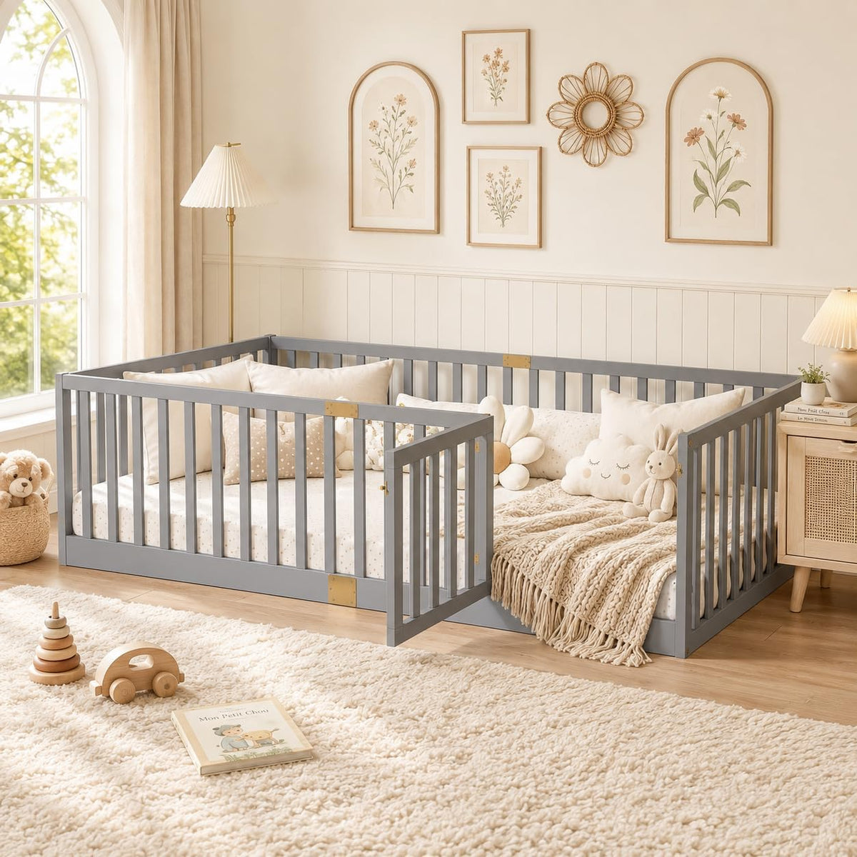 Twin Montessori Floor Bed with High Rails, Door & Slats for Kids, Natural