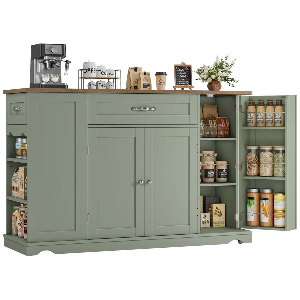 HOSTACK 47" W Kitchen Island Cart with Storage, Rolling Island Table, Green