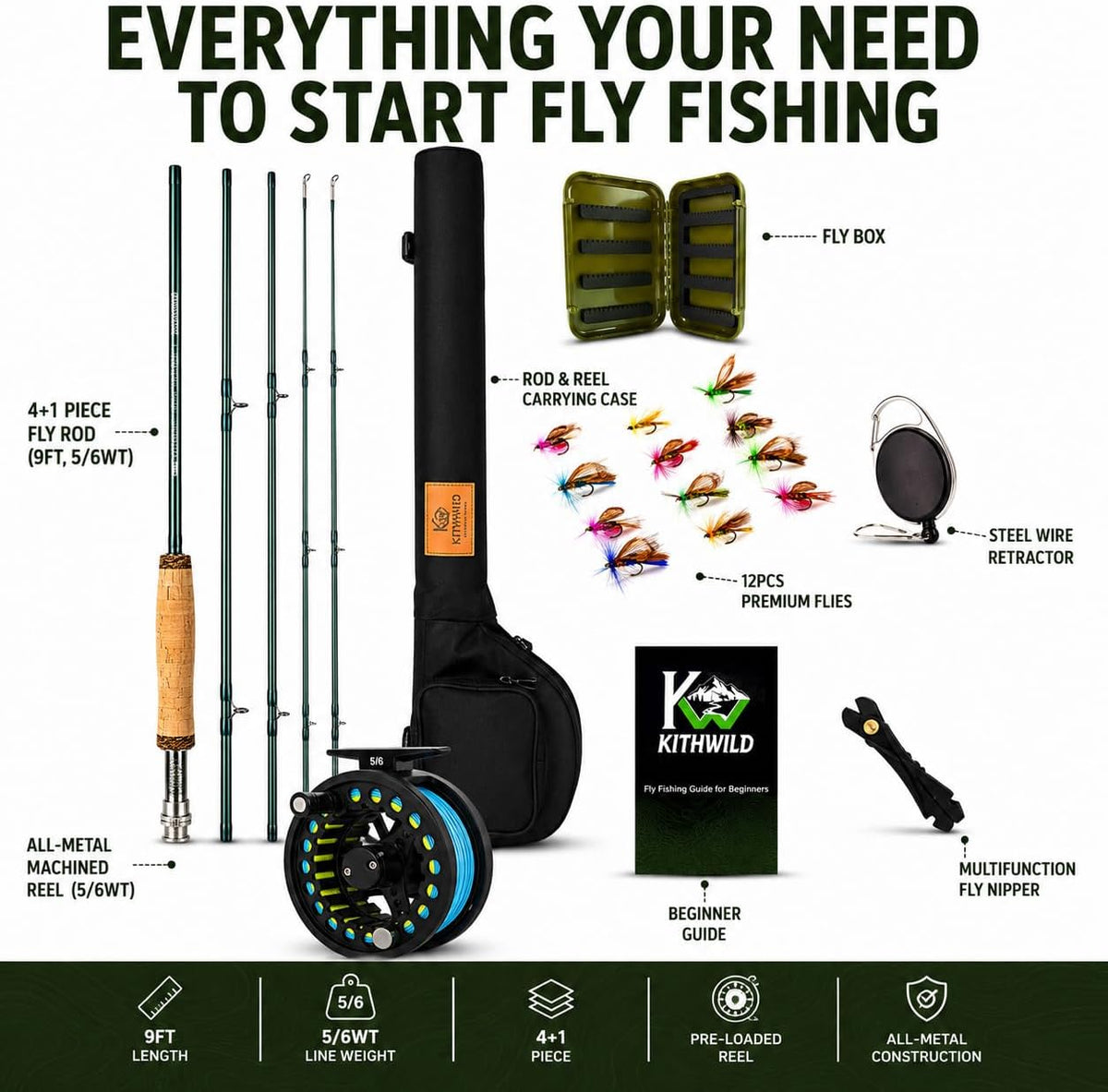 Fly Fishing Rod Combo, 4 Piece 5/6 Portable Fly Rod with Extra Tip, Pre-Loaded Fly Reel with Line Combo,Fly Box, Flies, Fly Fishing Complete Starter Package
