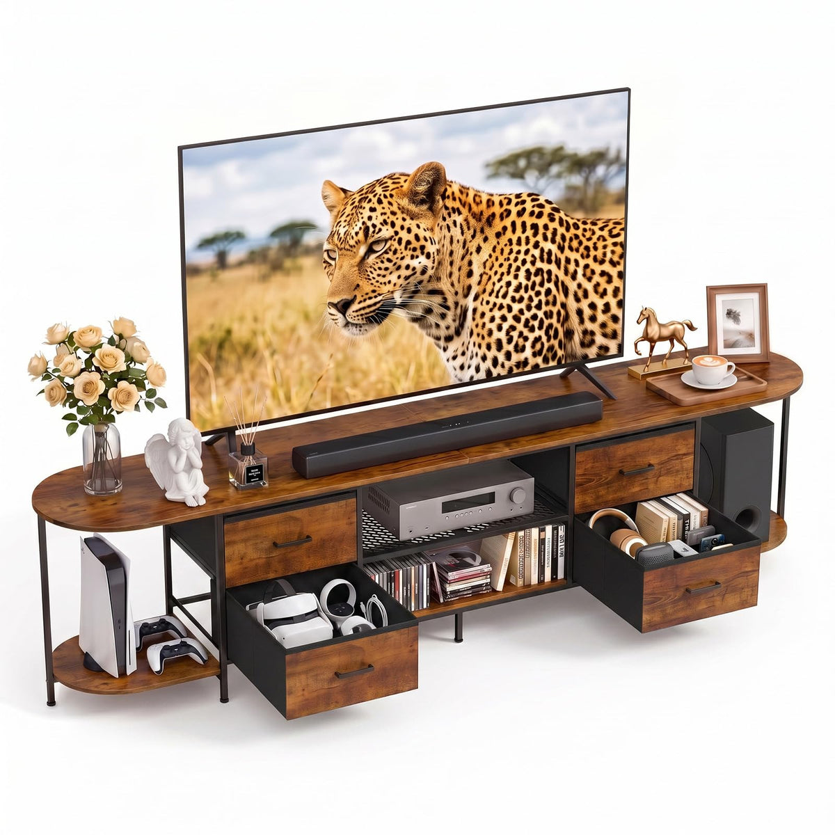 Faesun 63" TV Stand for TVs up to 75 Inches, Curved Edge Media Console & Entertainment Center with 2 Fabric Drawers, Modern TV Console Table for Living Room or Bedroom, Rustic Brown