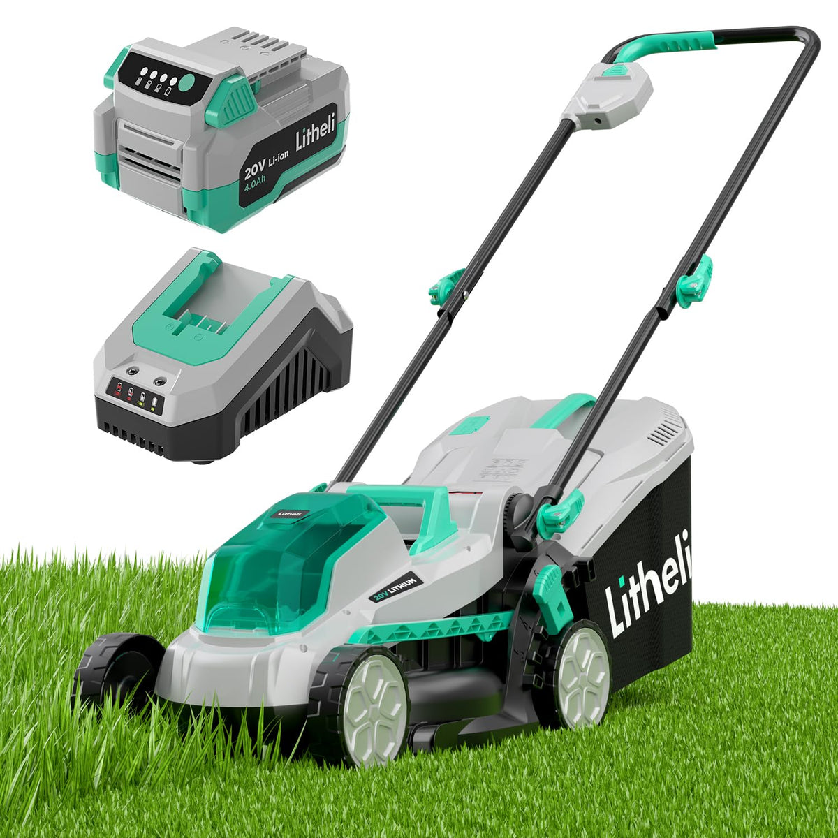 Litheli 14 Inch Cordless Lawn Mower, Lightweight Push Mower with 5.0Ah Battery and Smart Charger, Brushless Motor Lawnmower, 5-Position Height Adjustment (1-2.5 in) for up to 3000 Sq. Ft