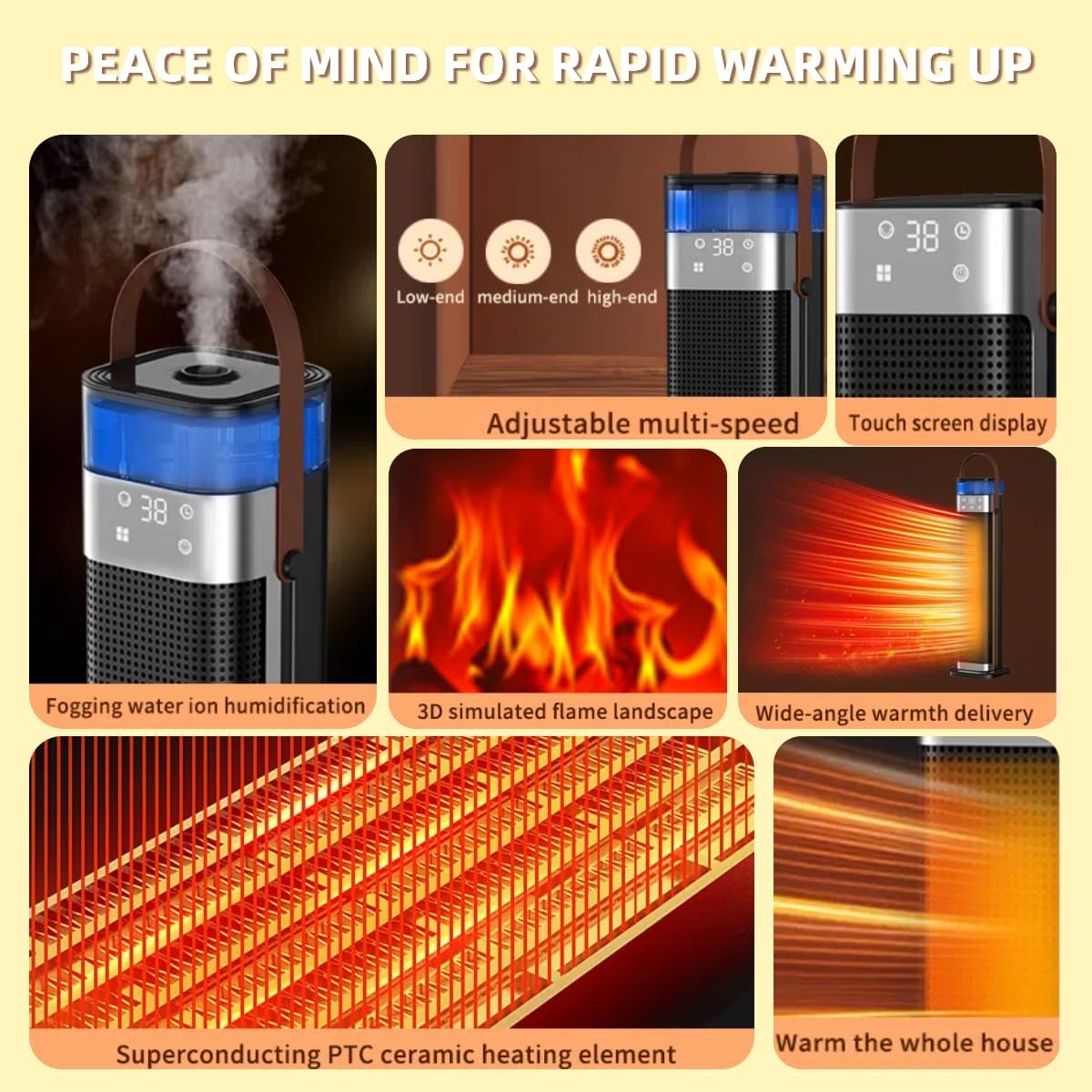 Portable Space Heater & Humidifier 2-in-1 Combo, Fast Heating Ceramic Heater with Ultrasonic Mist, Remote Control, Touch Screen, 12H Timer, Tip-Over & Overheat Safety, for Home Office