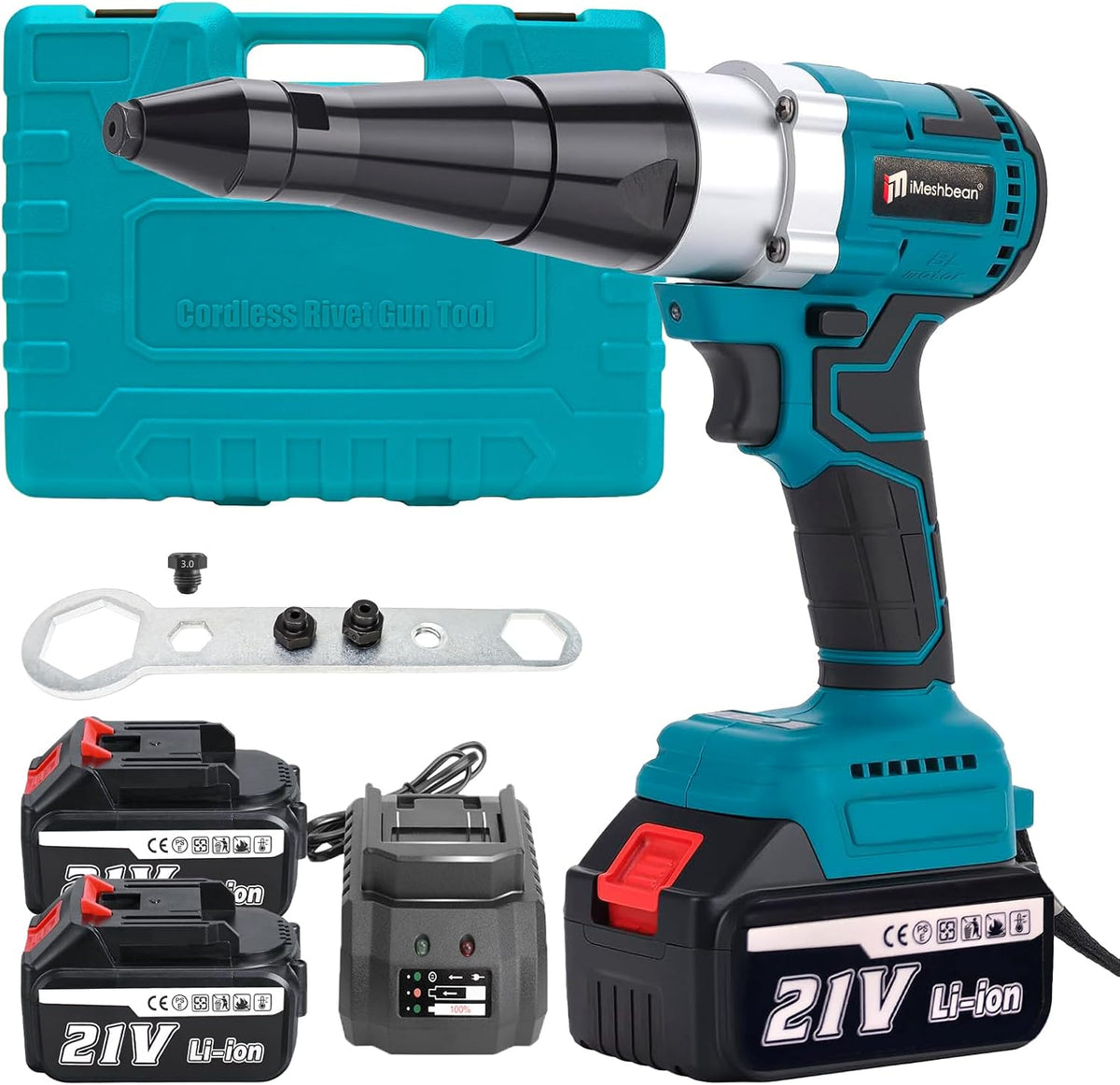 Cordless Rivet Gun,Automatic Brushless Riveter Tool Kit for Rivets 2.4 / 3.2 / 4.0 / 4.8 mm,Portable 21V Lithium-ion Electric with 2 3.0Ah Battery for Stainless Steel, Aluminum Rivets (2 batteries)