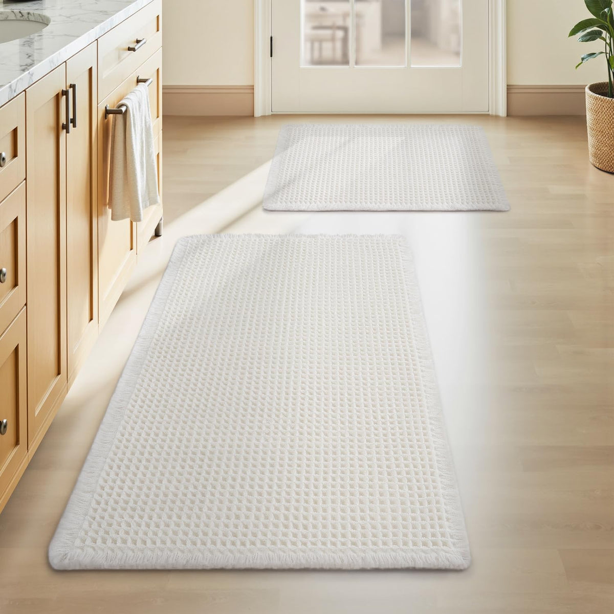 Upgraded Waffle Bath Mat Set of 2 Absorbent Bathroom Mat 18"x30" + 24"x48"