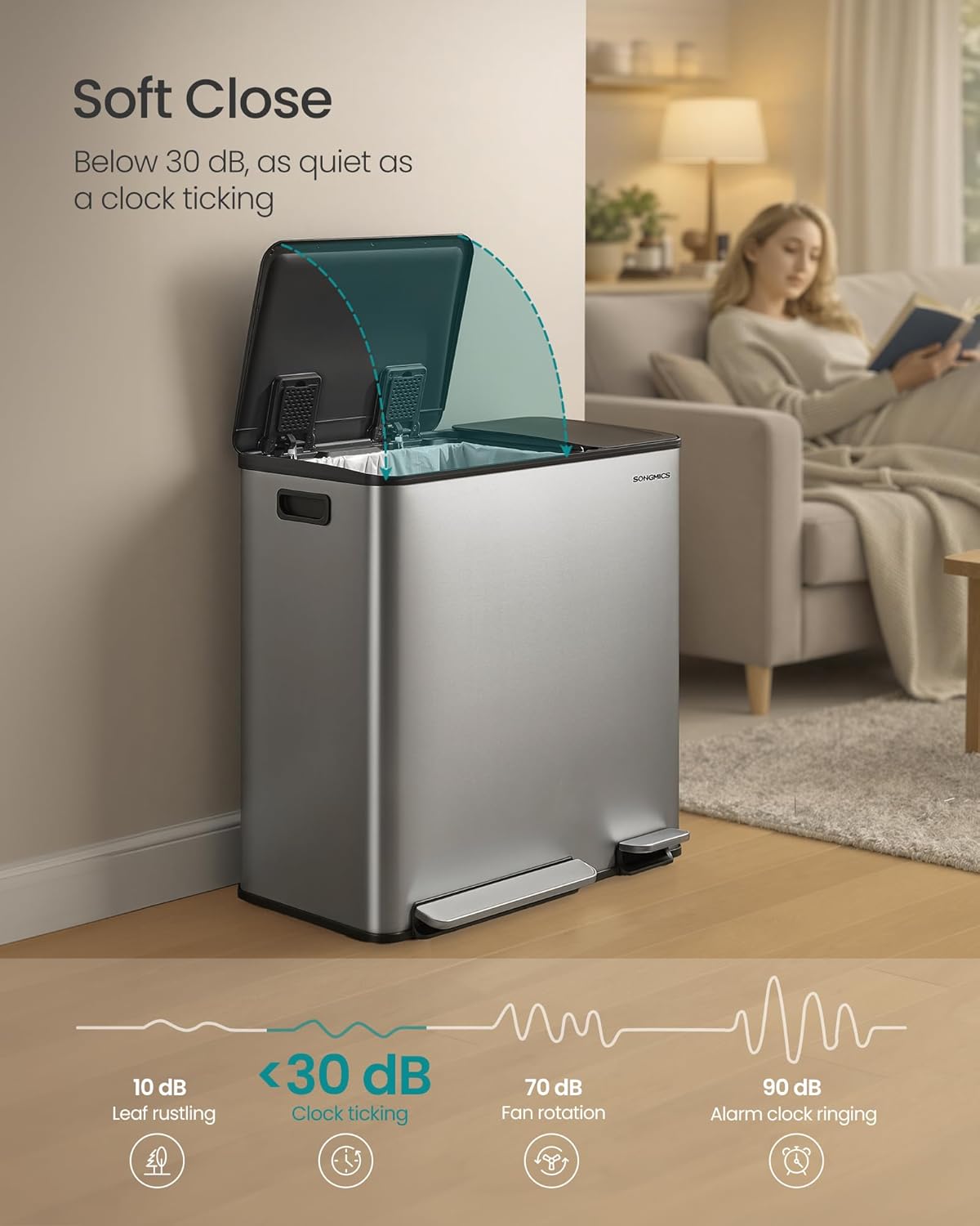 SONGMICS Trash Can, 13 + 6 Gallon Dual-Compartment, Soft-Close Lid