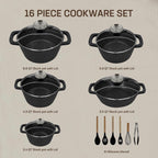 16PCS Nonstick Pots and Pans Set, Premium Nonstick Cookware with Lids and Utensils, 2.4QT to 8.8QT Casseroles, Healthy Kitchen Cookware Set, Dishwasher Safe, Induction Compatible, Black