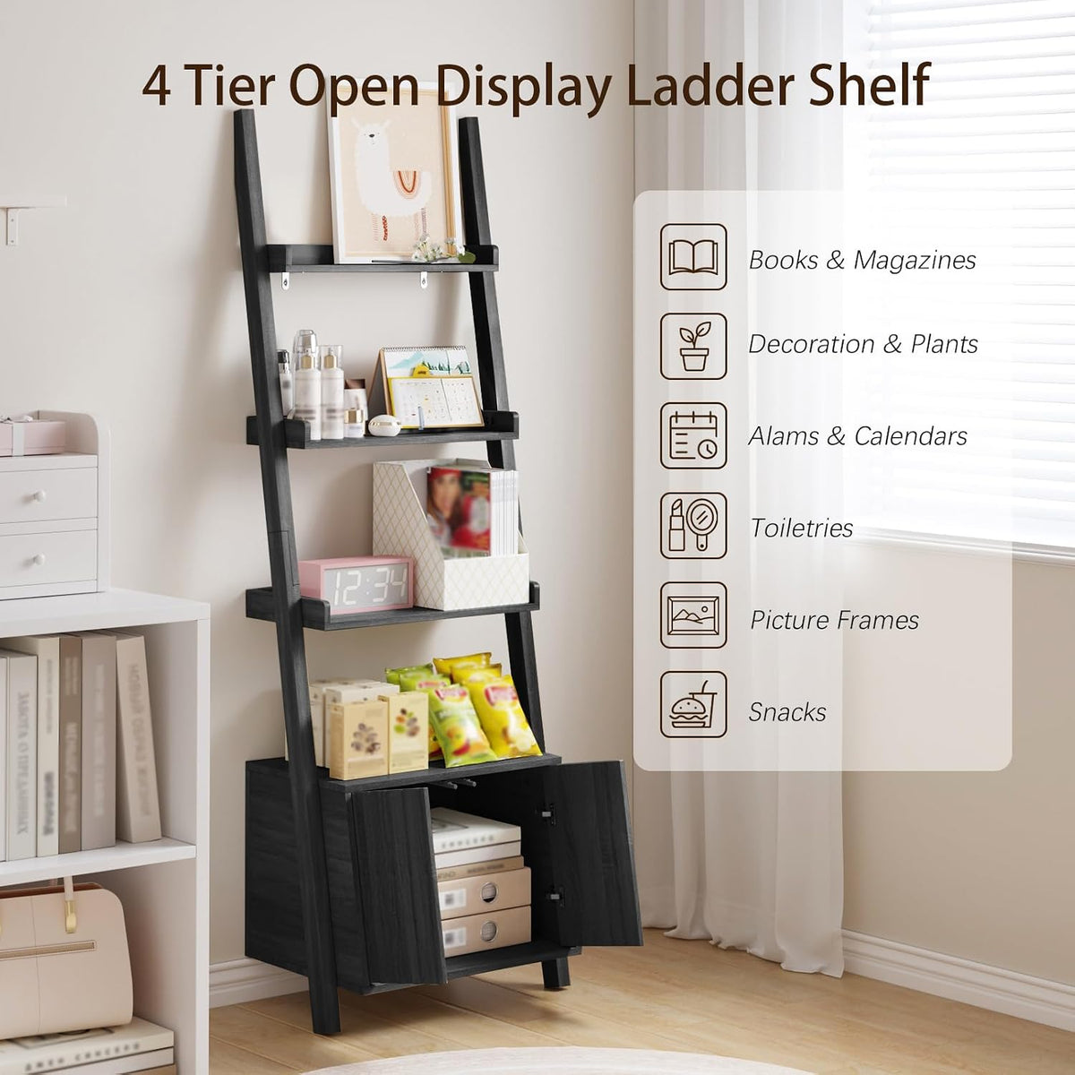4-Tier Ladder Bookshelf with Storage Cabinet, Freestanding Shelf Unit,Black