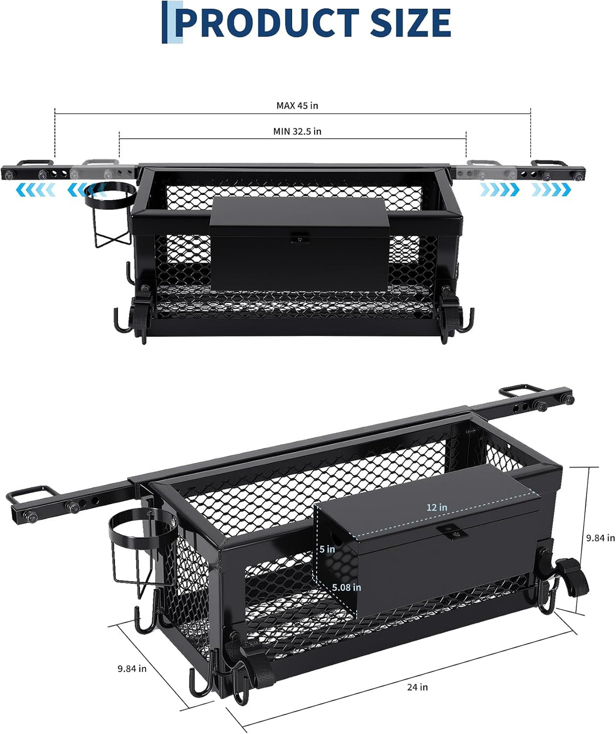 Heavy Duty Tractor Tool Box Basket Attachment – 24x10x10in Storage Box for Compact Tractors – Includes Storage Bag, Hook, Ratchet Strap – Durable Farm Equipment Accessory