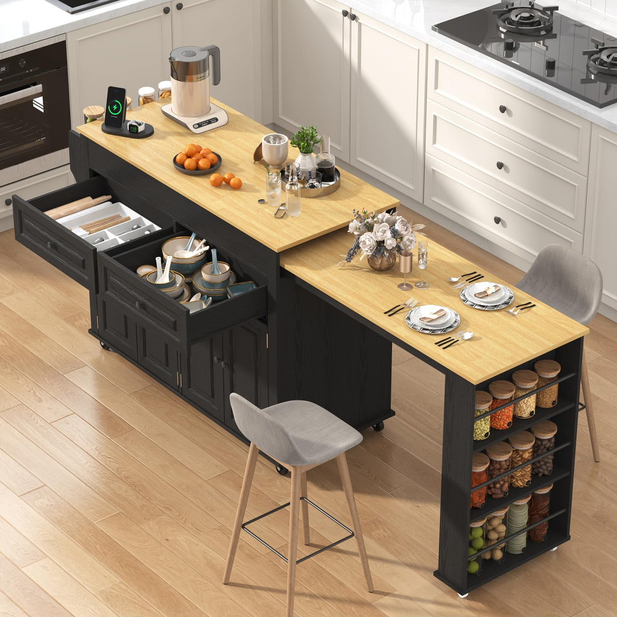 80"-48" Extendable Kitchen Island with Extended Dining Table and Power Outlet,Large Mobile Kitchen Storage Islands with 2 Storage Drawers,Rolling Islands Cart with 3 Extra Rows Open Shelves(Marble Bl)