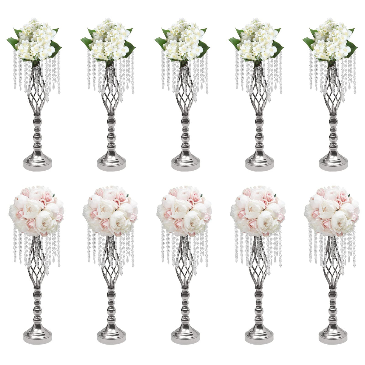 Wedding Centerpieces Silver Vases,10PCS Metal Flower Candle Holder with Sparkling Crystal Beads,Crystal Flower Vase Metal Flowers Stand for Party Tables Decorations (10PCS-Sliver-3)