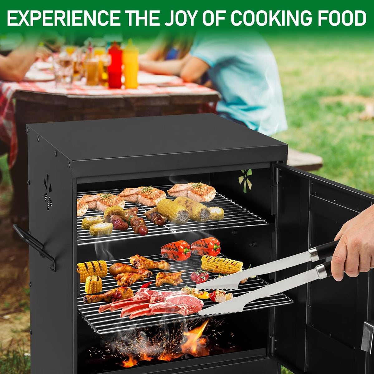 ROVSUN 2-in-1 Outdoor Smoker with Double Doors, Vertical Portable Charcoal Grill with Two Detachable Grill Smoking Racks and Charcoal Pan, Perfect for Camping Barbecue, Black