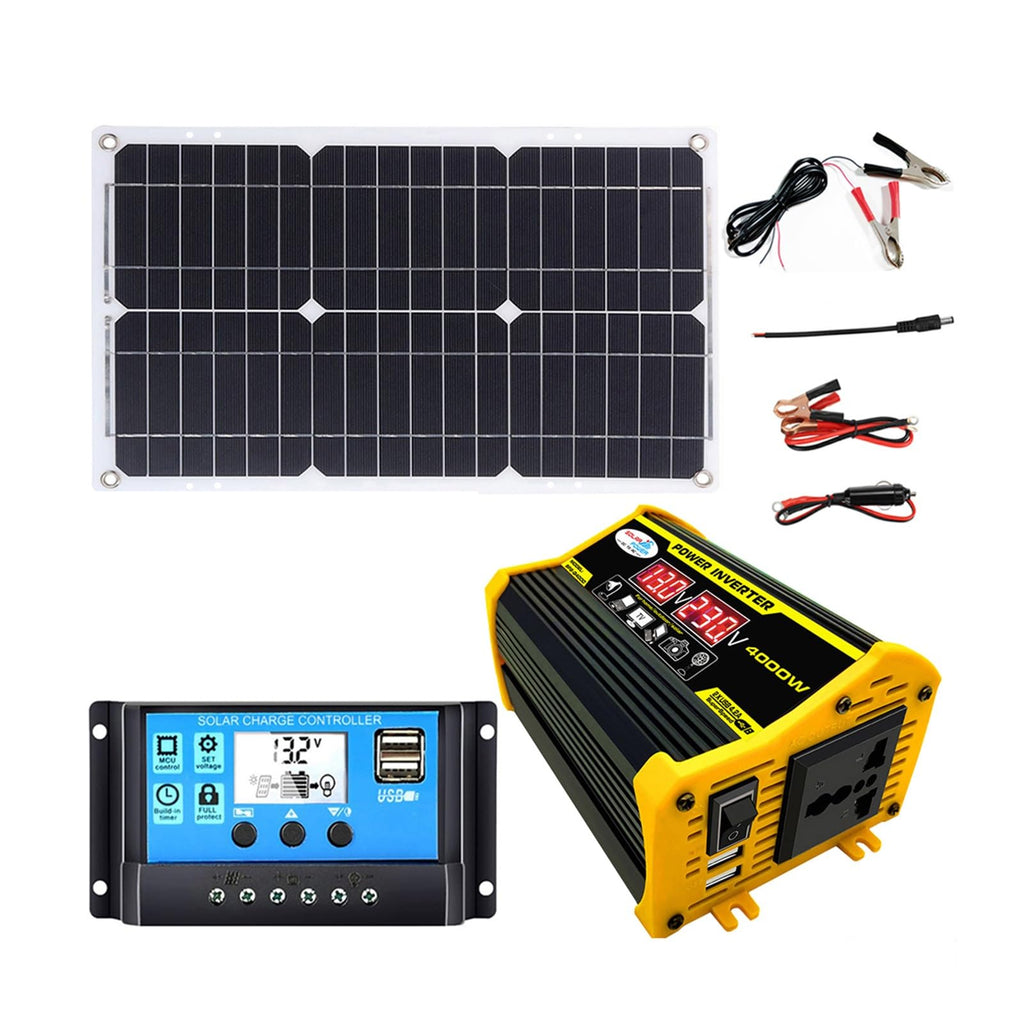 4000W 12V to 110V/220V Solar System Combination Inverter Solar Panel Kit Solar Generator Home Grid System 30A Controller + 18w12v Solar Panel (Color : Black, Size : 12V-110V)