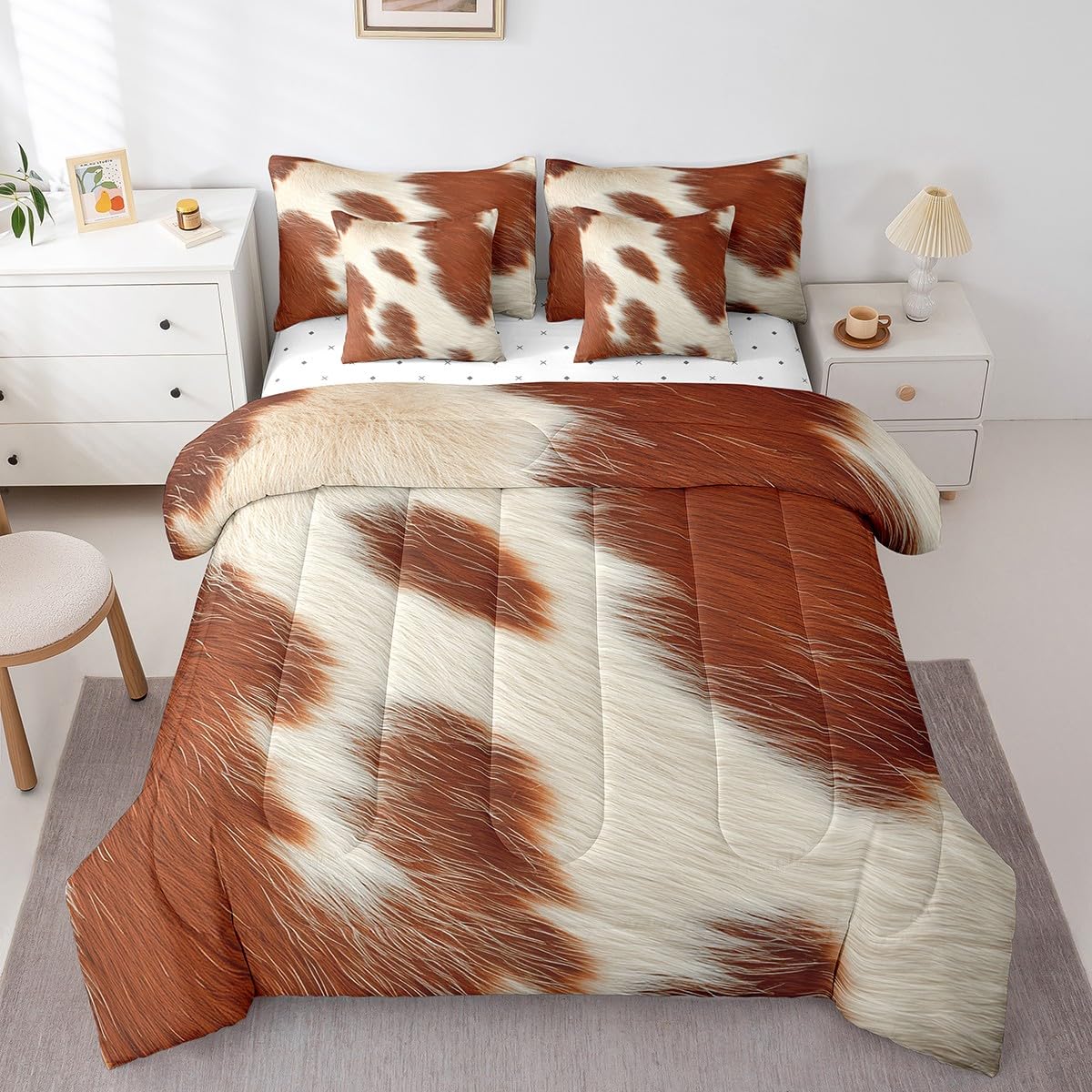 Erosebridal Brown Cow Print King Comforter Set 7 Piece, Simulated Black Cowhide Western Farmhouse Bedding Sets with Sheets, Rustic Highland Cow Skin Bed in a Bag with Fitted Flat Sheet, Pillowcases