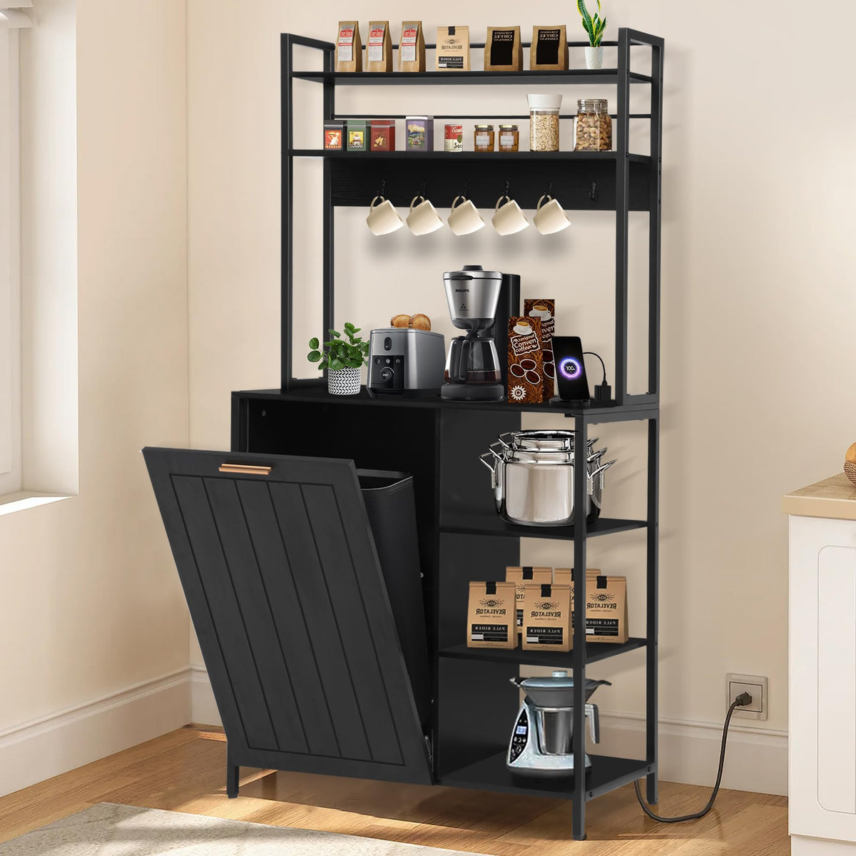Kitchen Bakers Rack with Power Outlet, Microwave Oven Organizer