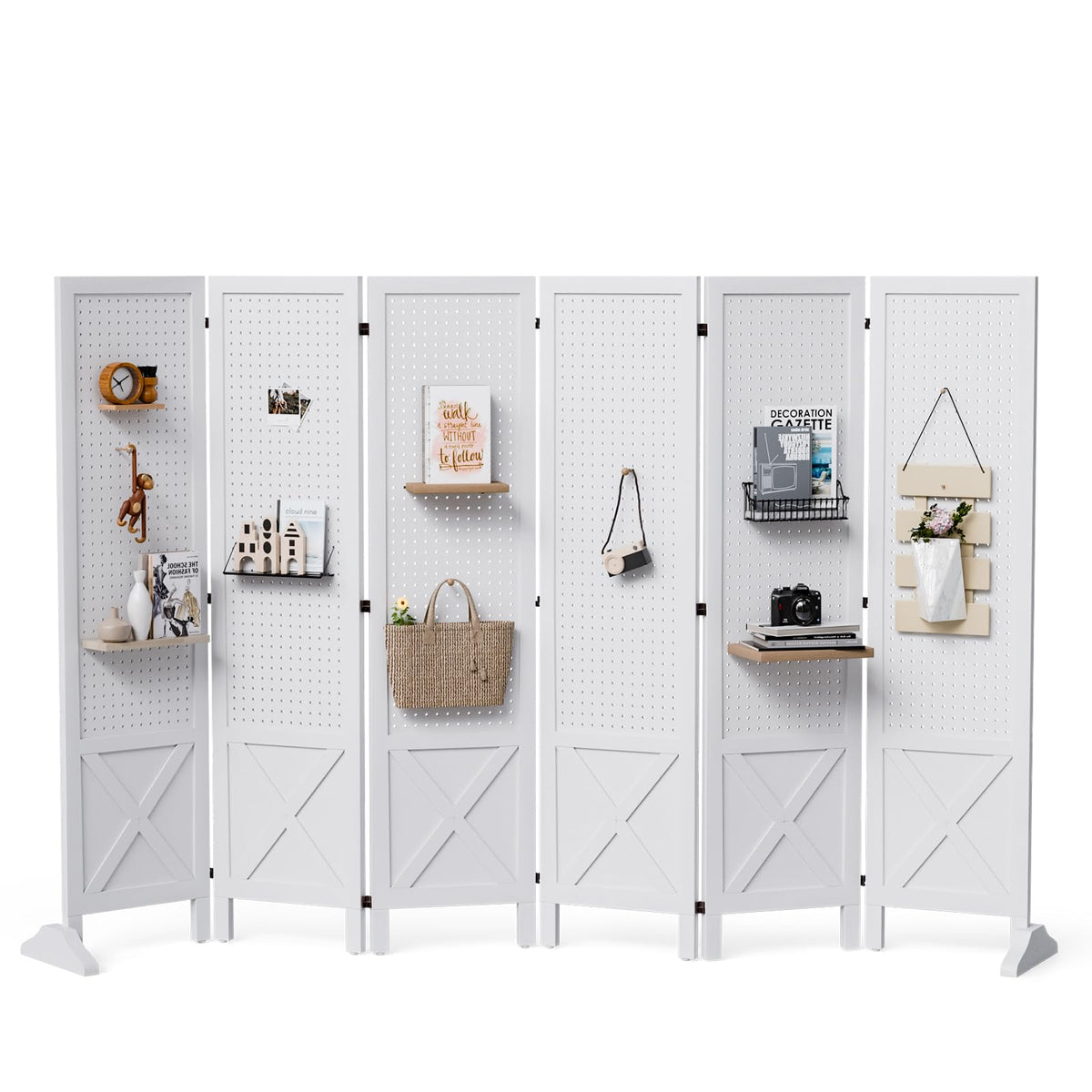 VINGLI Freestanding Pegboard with Support Feet, 5 FT Wood Room Divider Display Board Organizer, Folding Privacy Screen Partition Space Separator for Craft Shows Events Retail (Black, 4 Panel)