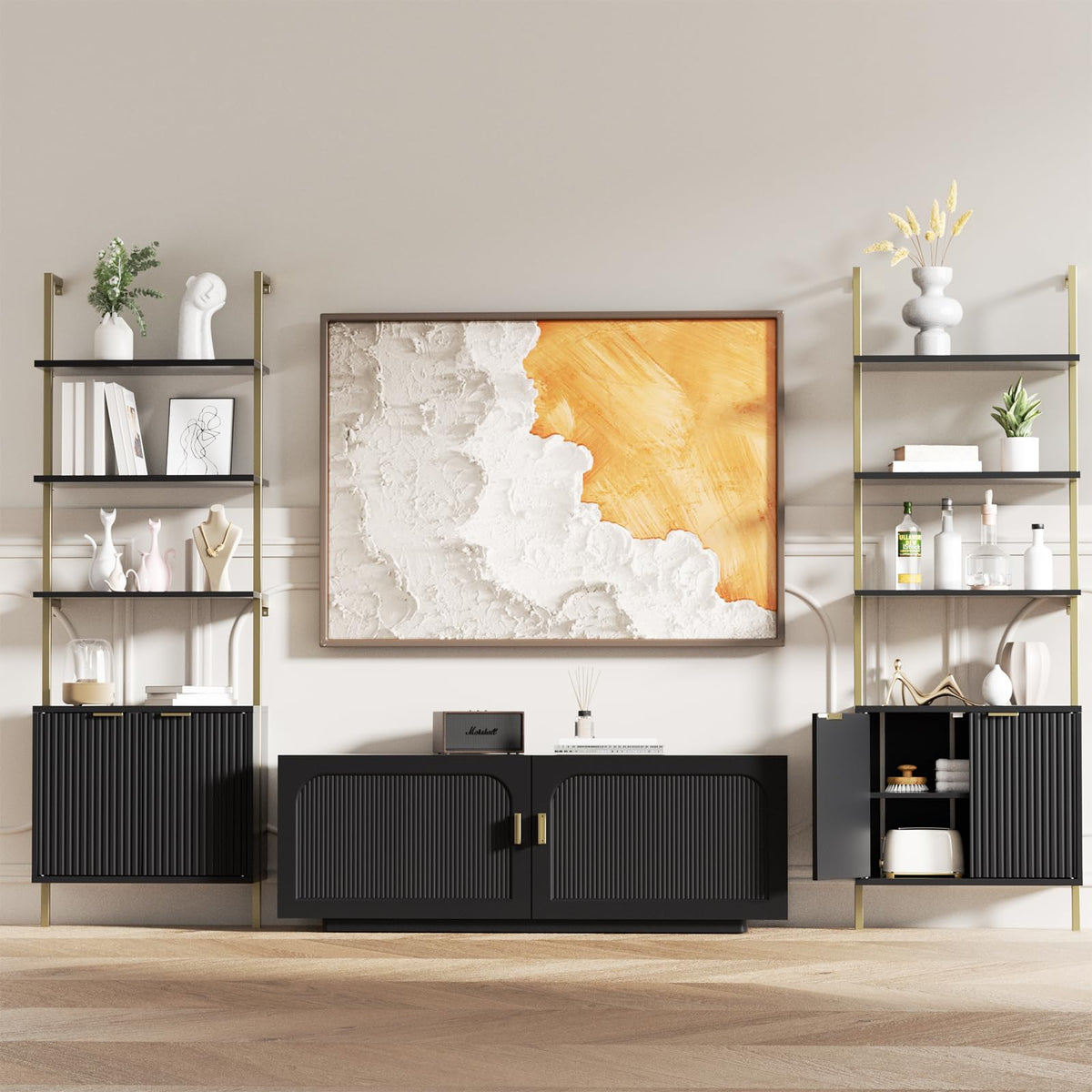 Halitaa 71”Ladder Shelf with Storage Cabinet, Wall Mounted Ladder Bookshelf