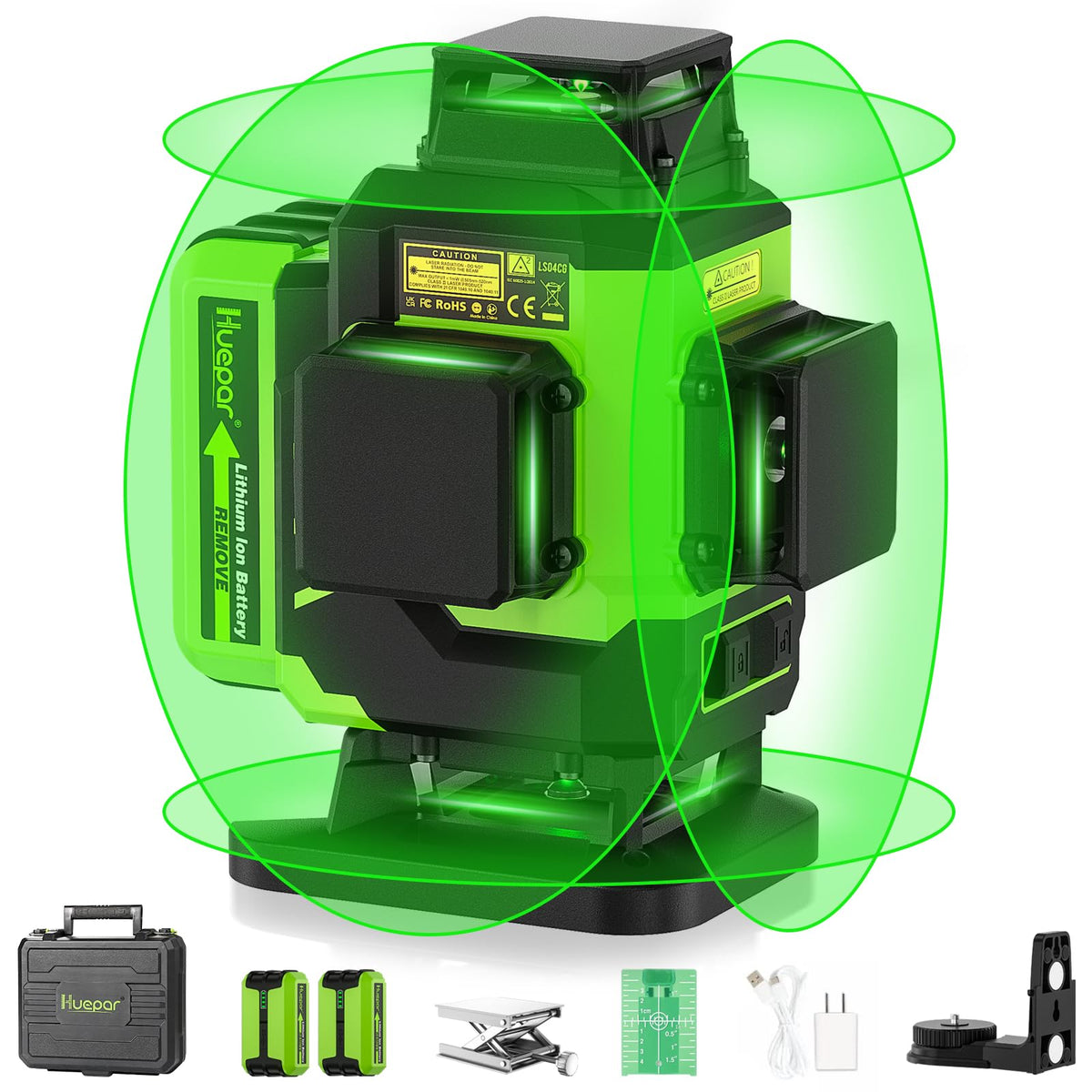 Huepar Laser Level 360 Self Leveling, Rechargeable Green Laser 3x360° Cross Line Lazer Leveler 3D Level Laser Tool for Construction and Picture Hanging, Strong Magnetic Bracket&Hard Carry Case -HM03CG