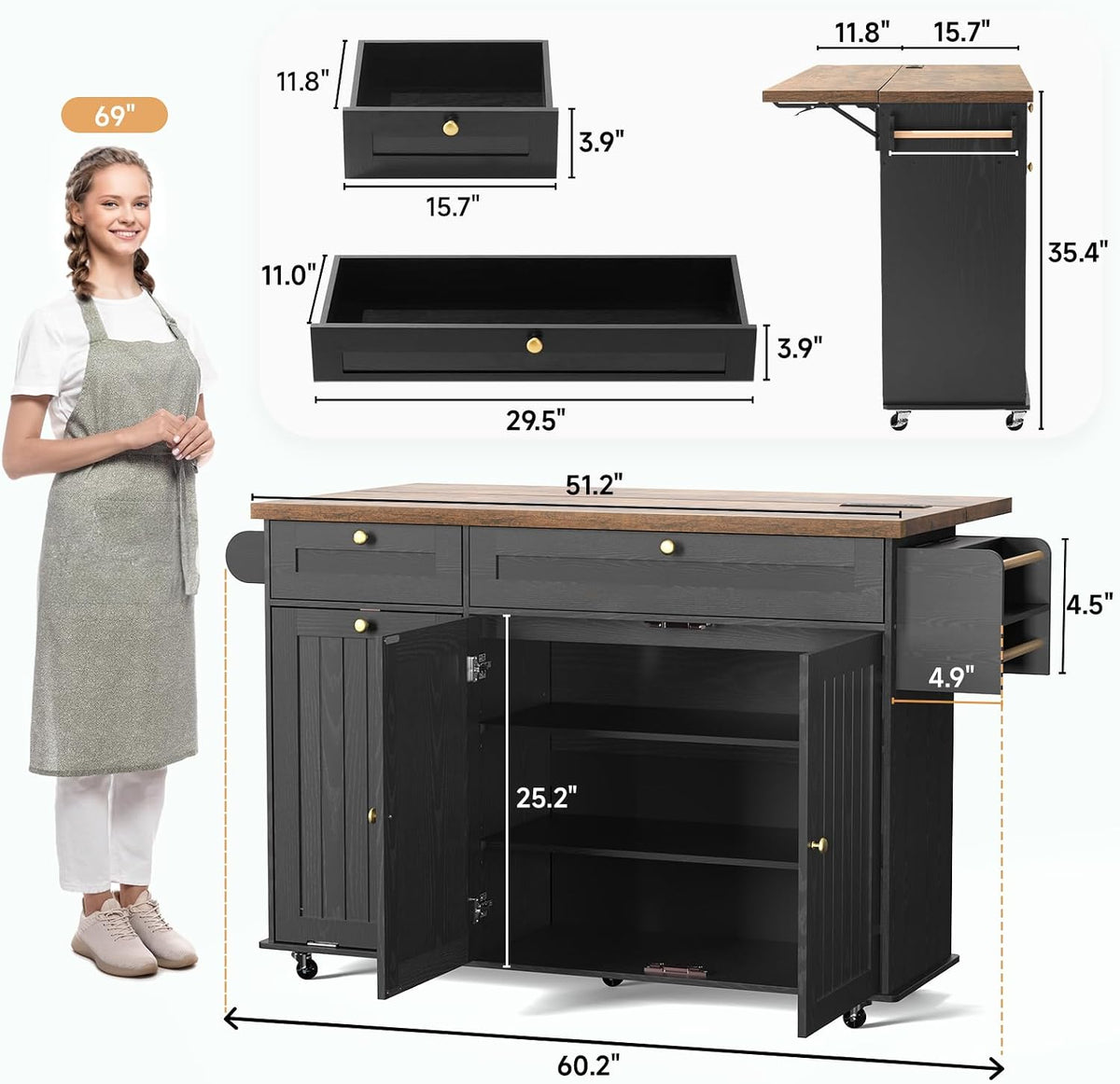 ONBRILL 60" Kitchen Island with Trash Can Storage, Rolling Island Table