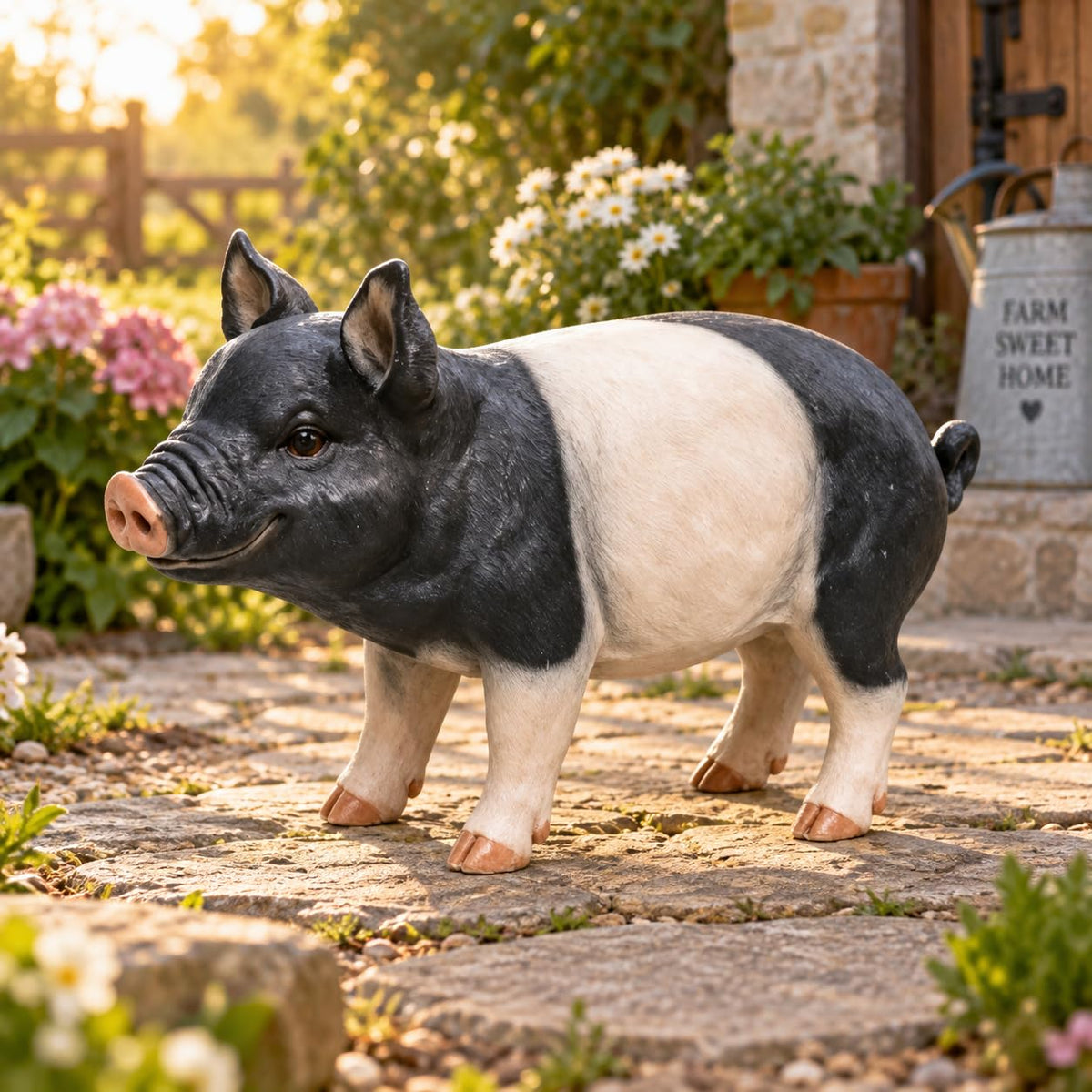 Baby Pink Pig Garden Statue with Curled Tail for Farmhouse Decor
