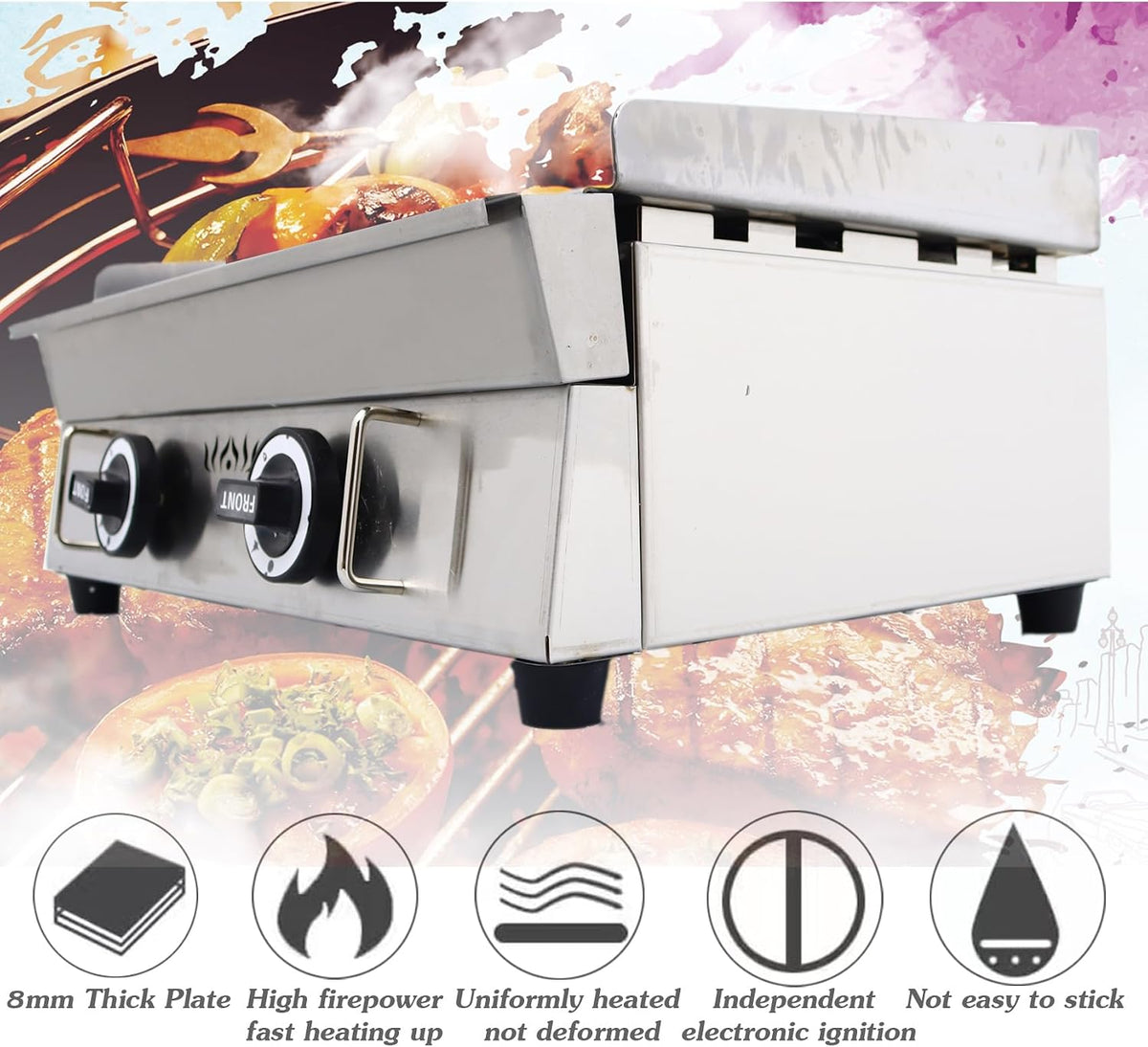 INTSUPERMAI LPG Gas Grill Griddle Countertop Griddle Flat Top Grill Hot Plate Stove Stainless Steel Teppanyaki Gril 2800Pa 21.26×13.39inch Plate Separately Adjustable Temperature Control