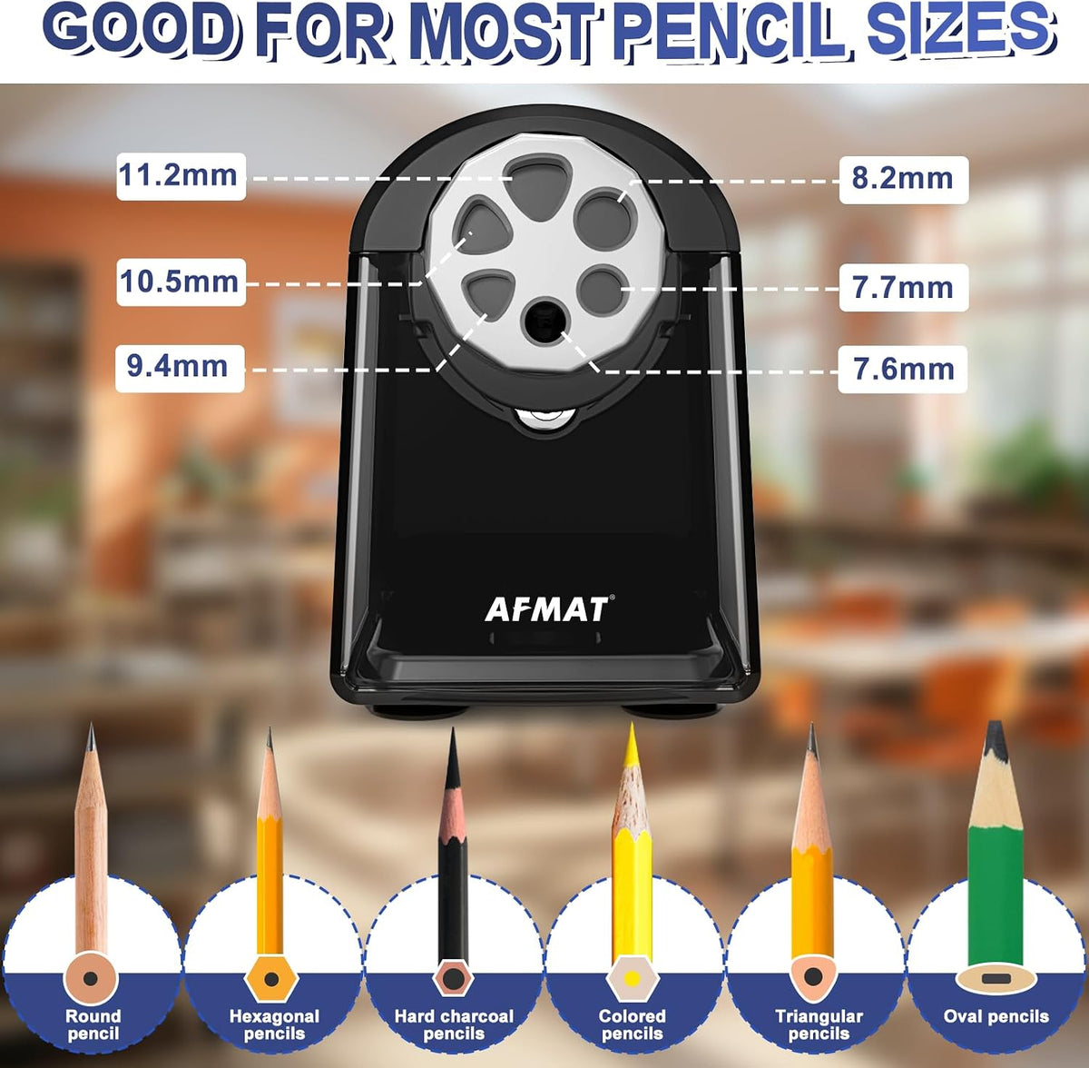AFMAT 6 Holes Electric Pencil Sharpener and Heavy Duty Electric Pencil Sharpener for 6-11mm Pencils
