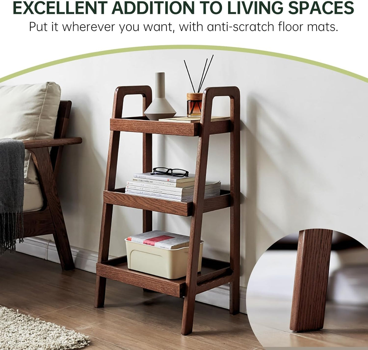 100% Solid Wood 3-Tier Ladder Shelf, Small Bookcase, Storage End Table, Open Display Stand for Living Room, Bedroom, Kitchen, Bathroom (Walnut Color)