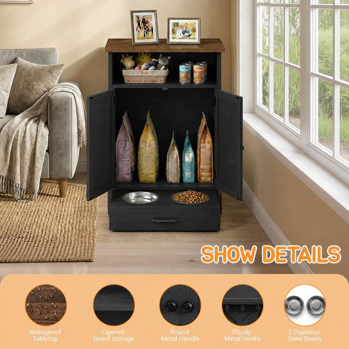 Dog Feeding Station with Storage Cabinet, Raised 2 Elevated Dog Bowls with Hidden Drawer, Pet Feeding Station with Storage, Dog Food Storage Cabinet with 3 Side Hooks, Pet Storage Station
