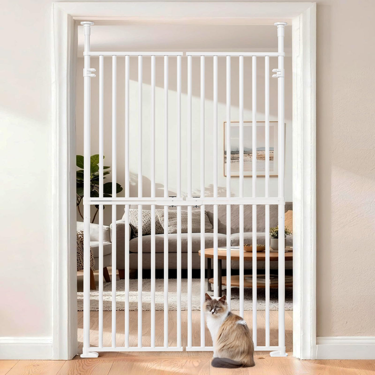 Slsy 76" Extra Tall Pet Gate for Cats & Dogs, Adjustable Width 29.5–32", No-Drill Pressure-Mounted Cat Gate, with Double-Door Walk-Through, Fits for Doorways, Stairs, Indoor & Hallways
