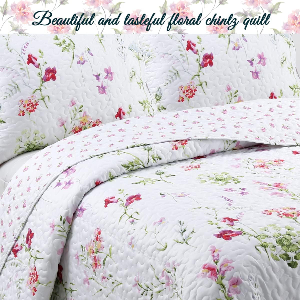 Cozy Line Home Fashions Light Pink Blue Flower Bloom Floral Garden Reversible Quilt Bedding Set, Coverlet Bedspread Lightweight for All Seasons (Carlotta, King - 6 Piece)